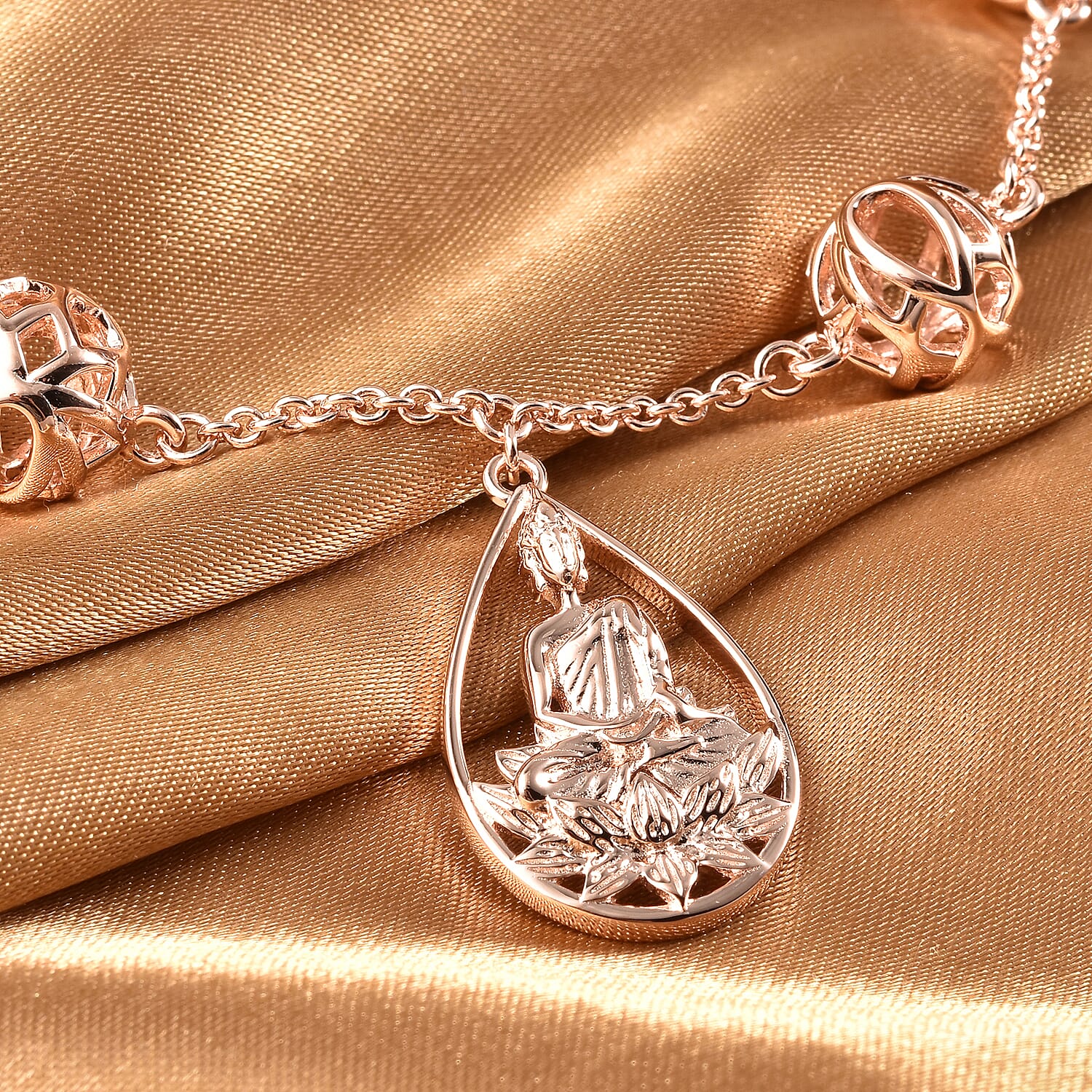 RACHEL GALLEY Buddha Collection- Rose Gold Overlay Sterling Silver Buddha Bracelet (with T Bar Lock) (Size 8), Silver Wt. 12.53 Gms