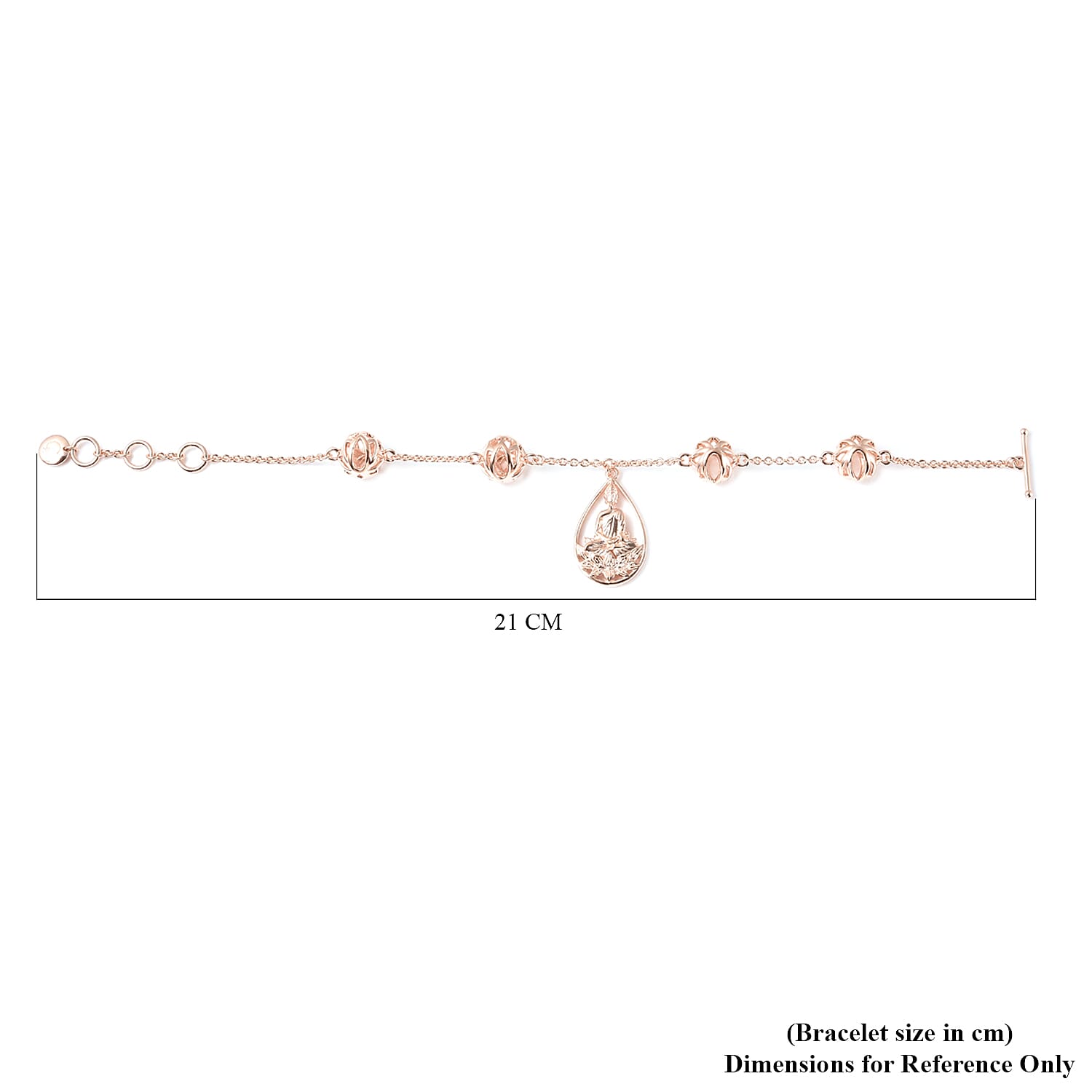 RACHEL GALLEY Buddha Collection- Rose Gold Overlay Sterling Silver Buddha Bracelet (with T Bar Lock) (Size 8), Silver Wt. 12.53 Gms