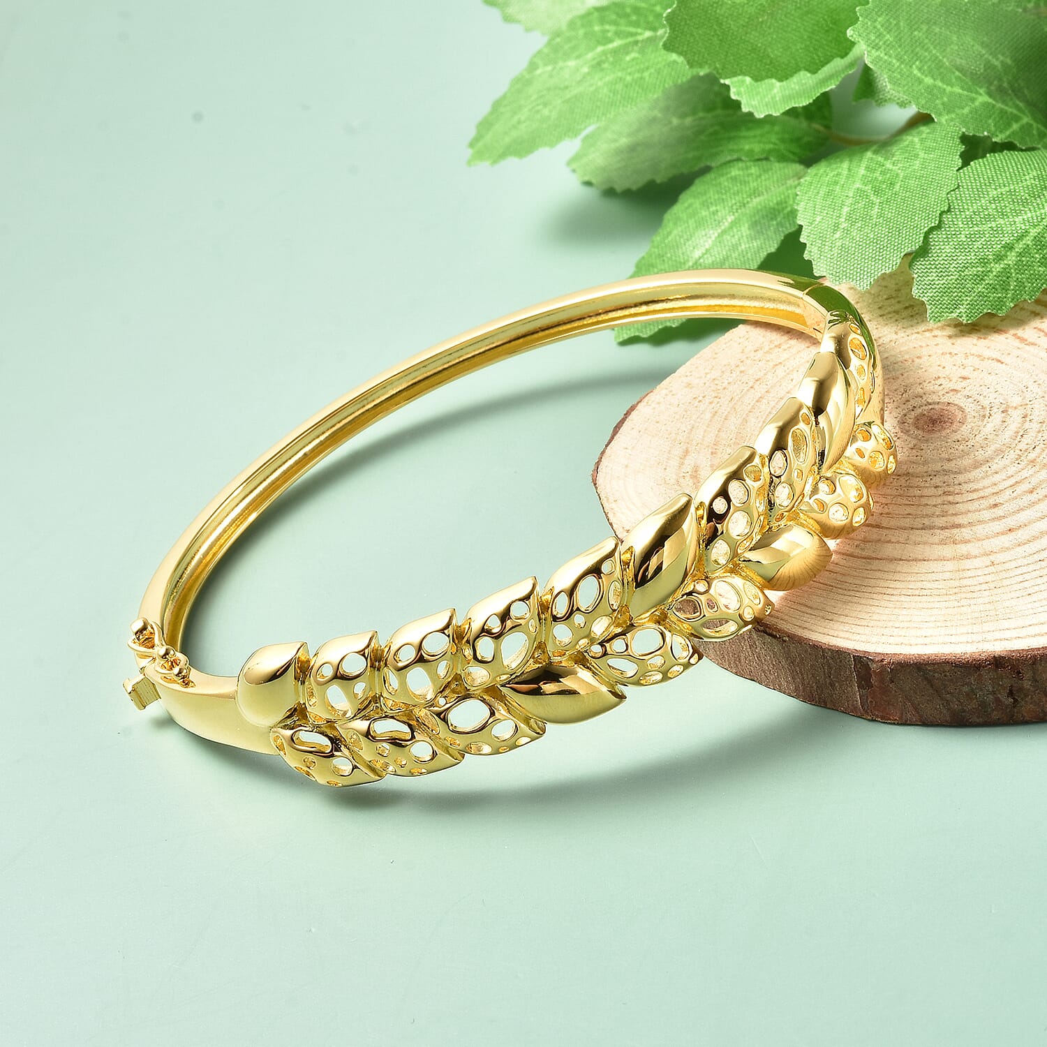 RACHEL GALLEY Leaf Collection - Yellow Gold Overlay Sterling Silver Leafy vine Bangle (Size 7.5) Silver Wt. 24.21 Gms