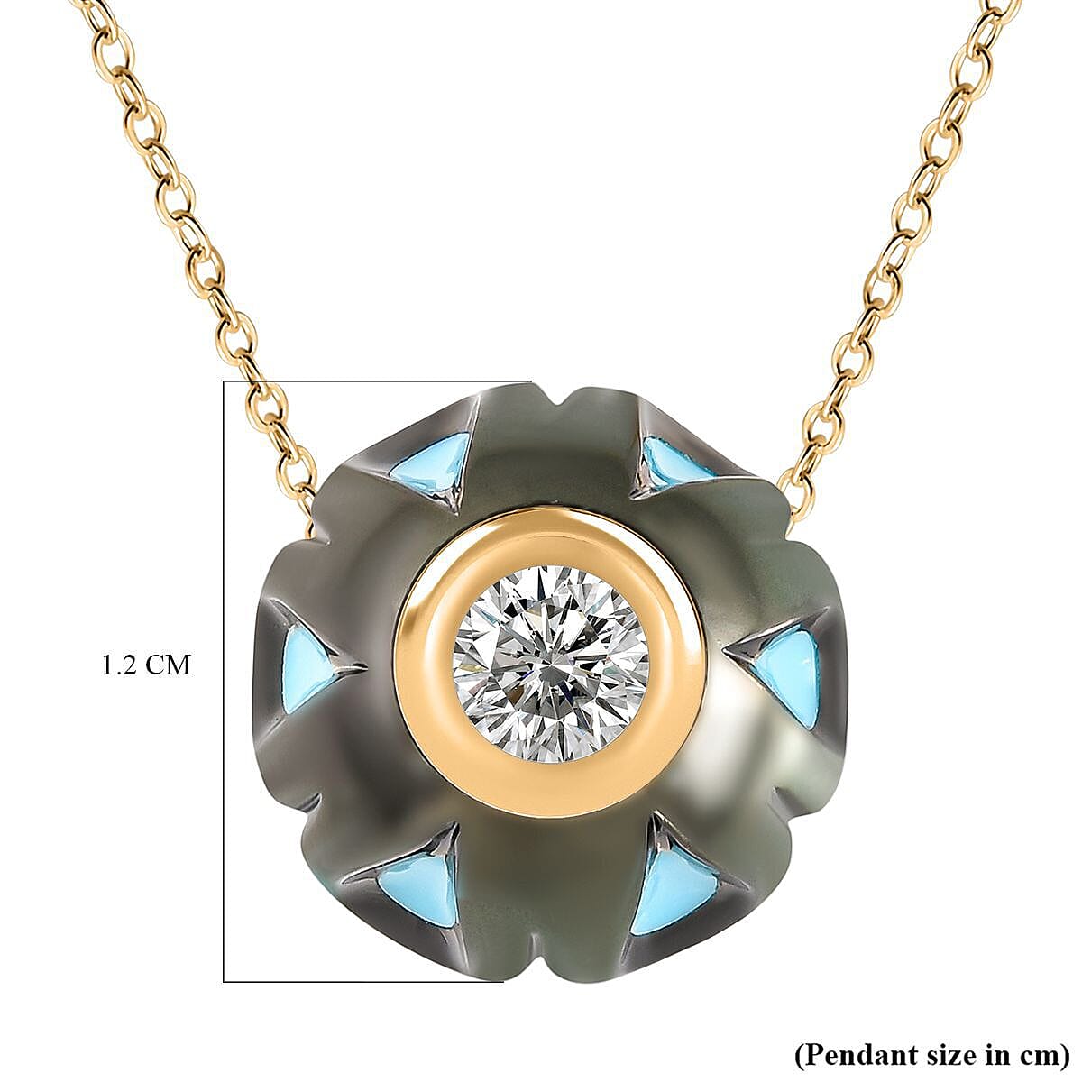 GALATEA - The Symbol of Love - 9K Yellow Gold Premium Tahitian Pearl with American RC Turquoise and Moissanite Pendant with Chain 5.42 Ct GALATEA - The Symbol of Love - 9K Yellow Gold Premium Tahitian Pearl with American RC Turquoise and Moissanite Pendant with Chain 5.42 Ct