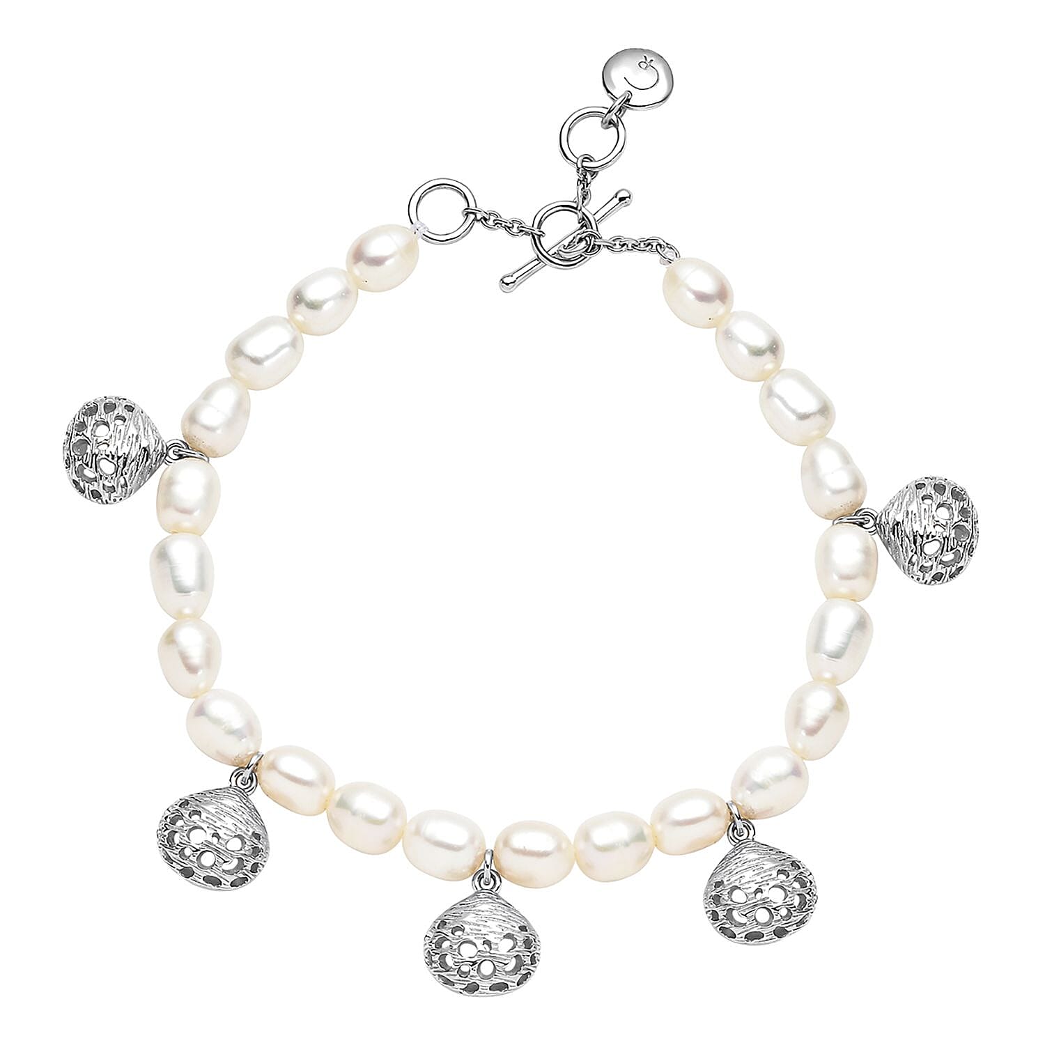 Rachel Galley Cala Shell Collection - White Fresh Water Pearl  Bracelet (Size 7-7- 5-8) in Rhodium Overlay Sterling Silver.
