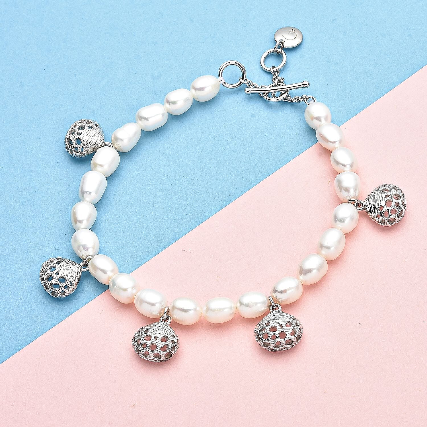 Rachel Galley Cala Shell Collection - White Fresh Water Pearl  Bracelet (Size 7-7- 5-8) in Rhodium Overlay Sterling Silver.