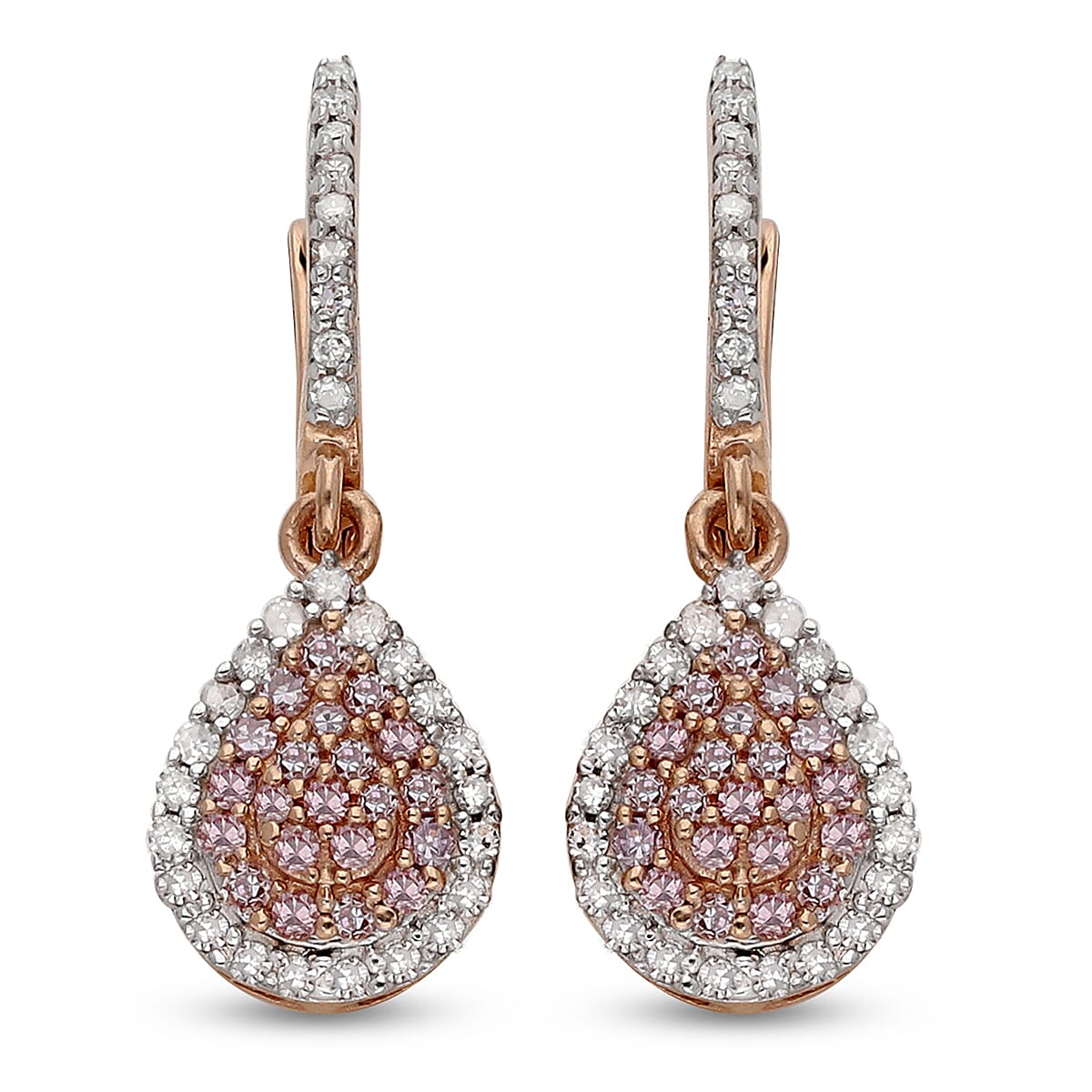 9K Rose Gold Natural Pink Diamond and White Diamond (I3) Teardrop Earrings (with Clasp) 0.50 Ct.