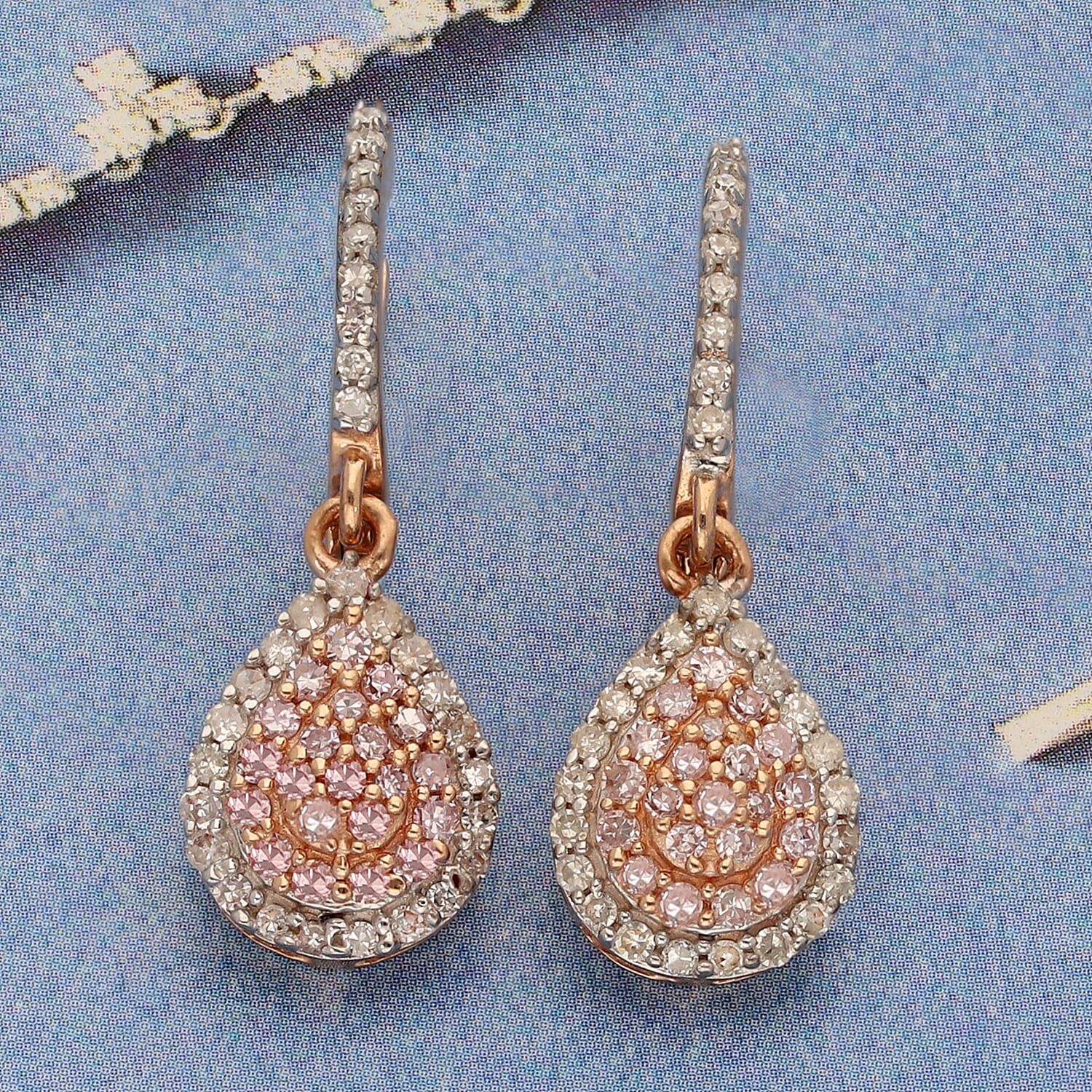 9K Rose Gold Natural Pink Diamond and White Diamond (I3) Teardrop Earrings (with Clasp) 0.50 Ct.