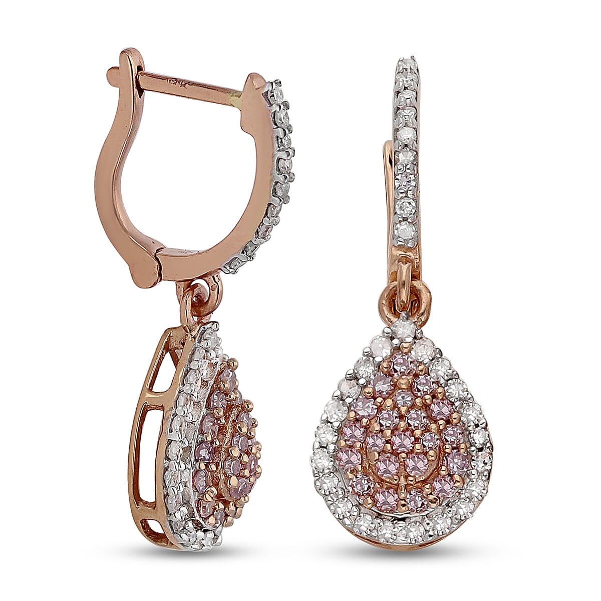 9K Rose Gold Natural Pink Diamond and White Diamond (I3) Teardrop Earrings (with Clasp) 0.50 Ct.