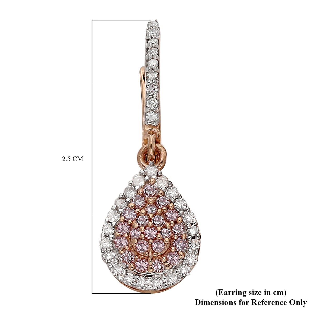 9K Rose Gold Natural Pink Diamond and White Diamond (I3) Teardrop Earrings (with Clasp) 0.50 Ct.