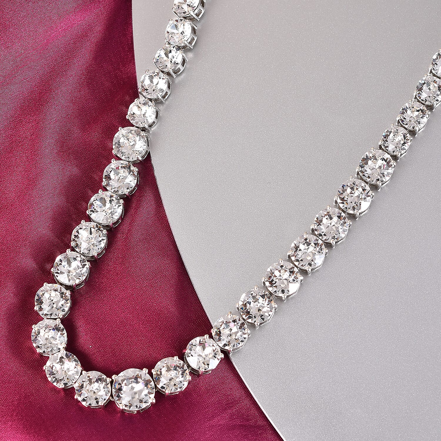 Lustro Stella White Crystal Necklace (Size - 18) in Platinum Overlay Sterling Silver, Silver wt 37.22 Gms