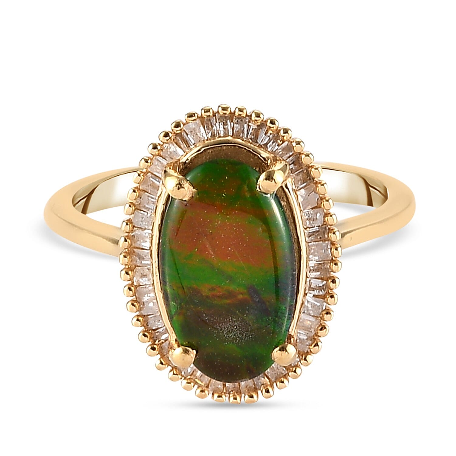 Canadian Ammolite (Ovl 12x7mm) and Diamond (0.25cts) Ring in 14K Gold Overlay Sterling Silver 2.44 Ct.