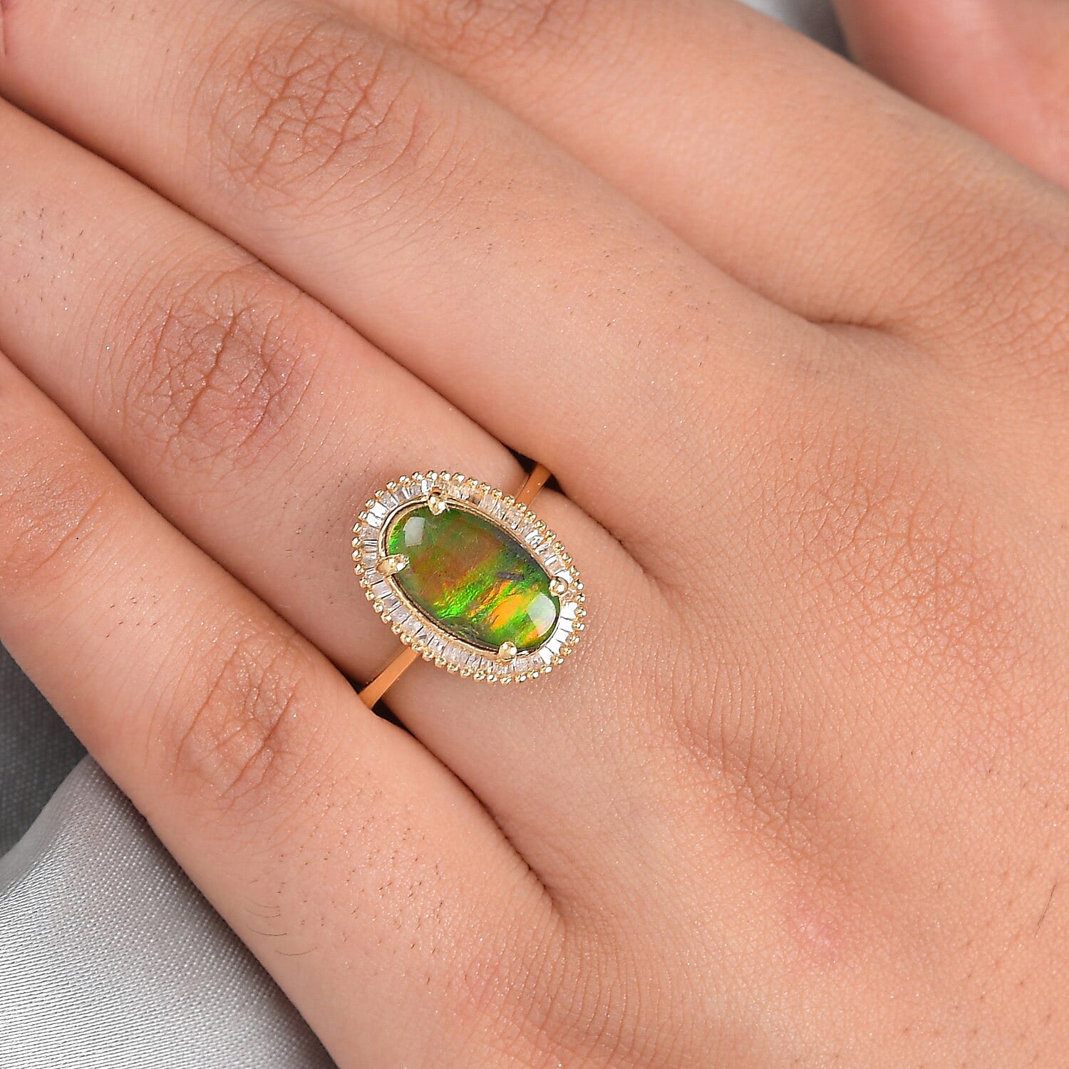 Canadian Ammolite (Ovl 12x7mm) and Diamond (0.25cts) Ring in 14K Gold Overlay Sterling Silver 2.44 Ct.