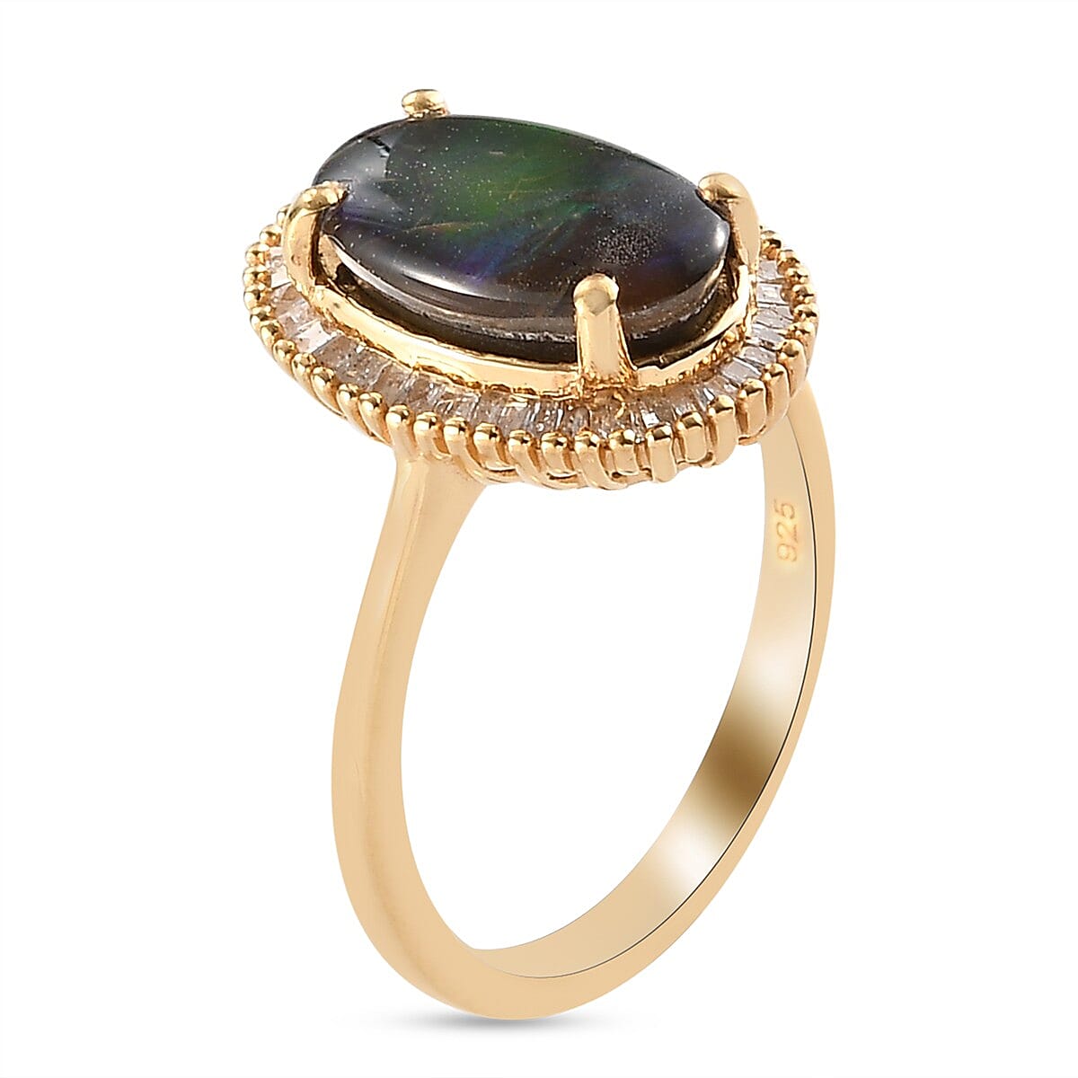 Canadian Ammolite (Ovl 12x7mm) and Diamond (0.25cts) Ring in 14K Gold Overlay Sterling Silver 2.44 Ct.