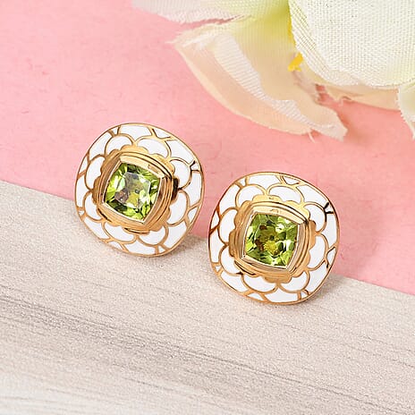 Hebei Peridot Enamelled Earrings (with Push Back) in 14K Yellow Gold Overlay Sterling Silver 3.17 Ct, Silver wt 5.50 Gms
