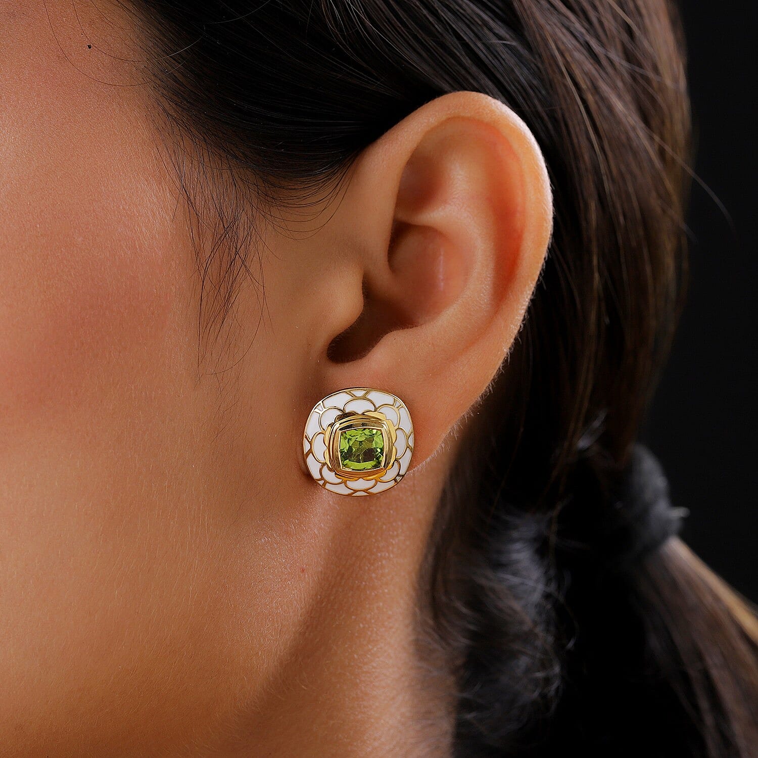 Hebei Peridot Enamelled Earrings (with Push Back) in 14K Yellow Gold Overlay Sterling Silver 3.17 Ct, Silver wt 5.50 Gms