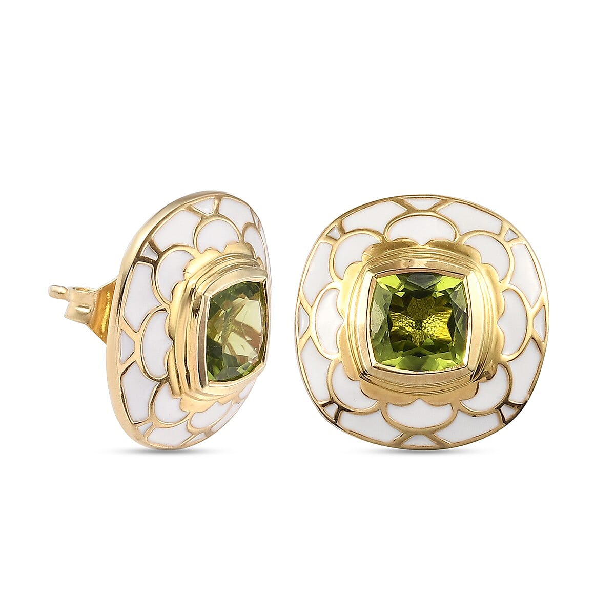 Hebei Peridot Enamelled Earrings (with Push Back) in 14K Yellow Gold Overlay Sterling Silver 3.17 Ct, Silver wt 5.50 Gms