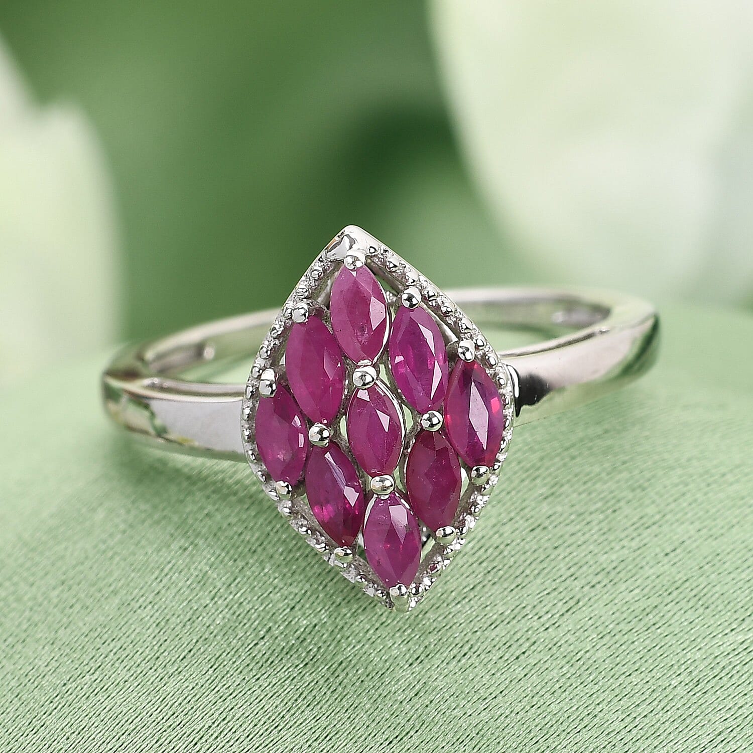 Ruby Cluster Ring in Platinum Overlay Sterling Silver