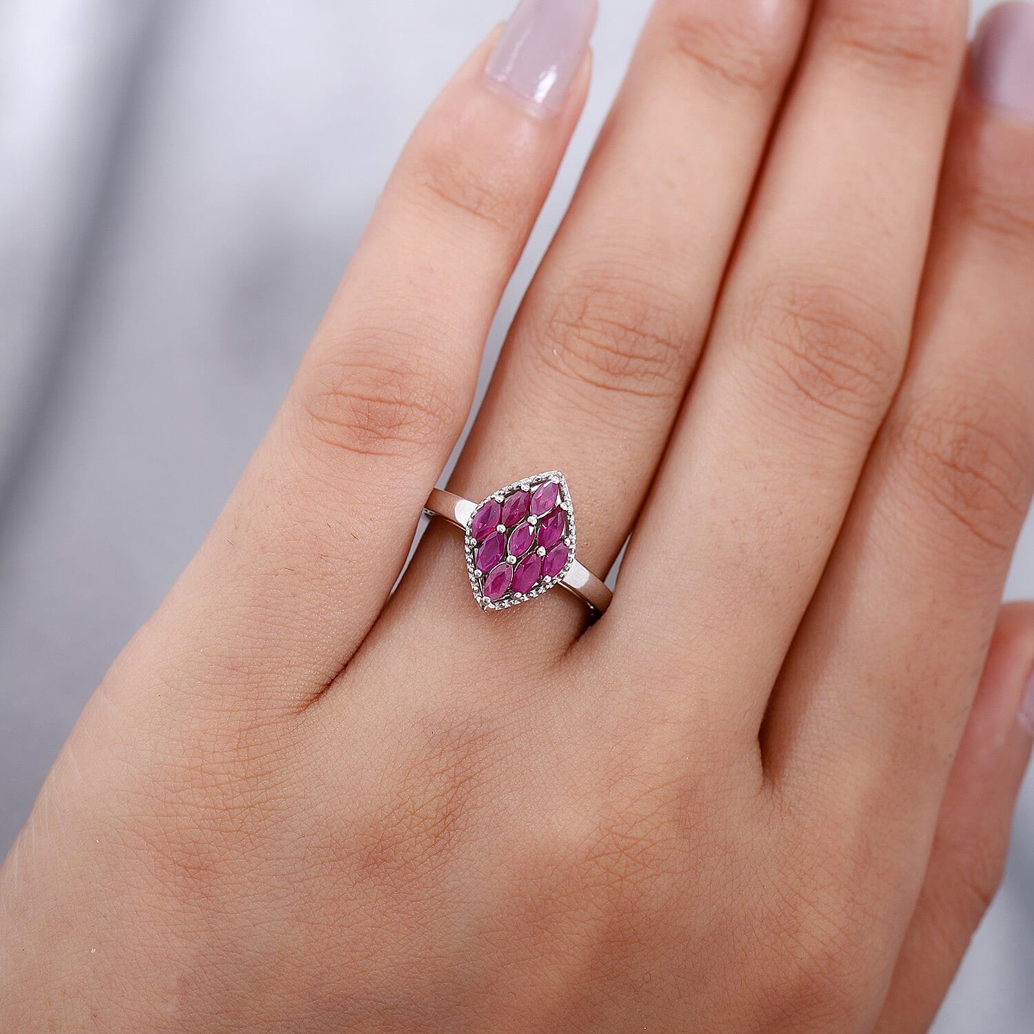 Ruby Cluster Ring in Platinum Overlay Sterling Silver