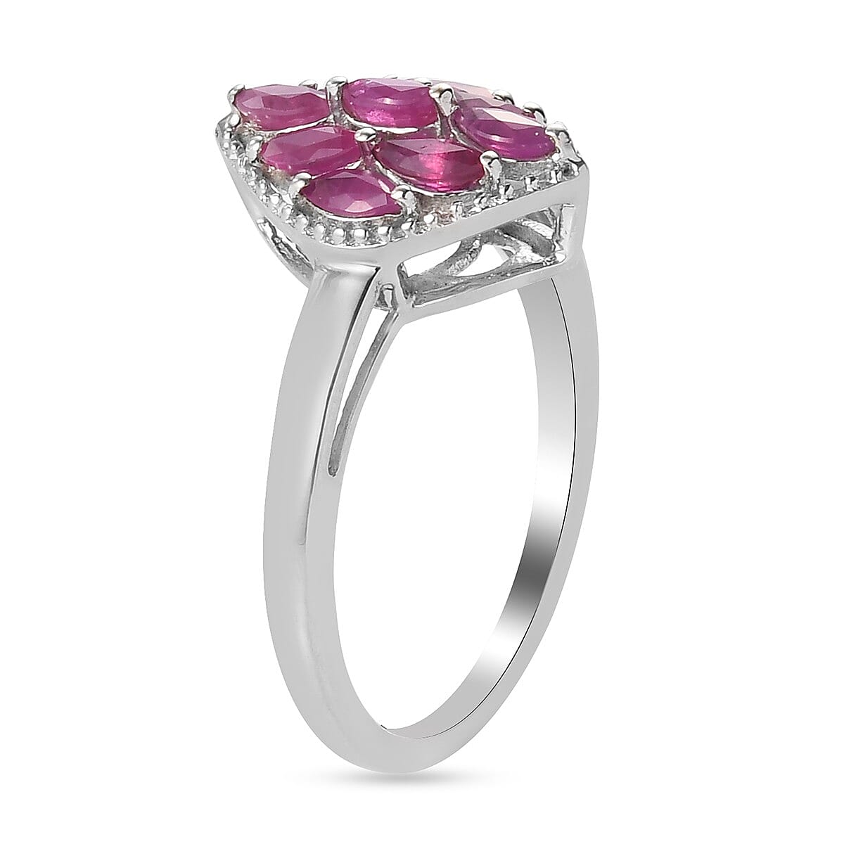 Ruby Cluster Ring in Platinum Overlay Sterling Silver
