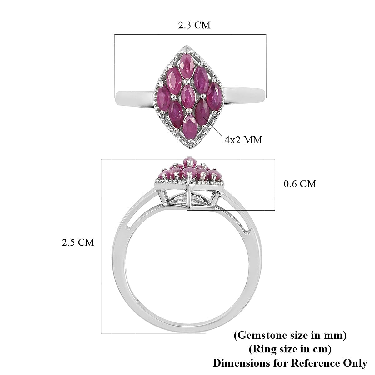 Ruby Cluster Ring in Platinum Overlay Sterling Silver