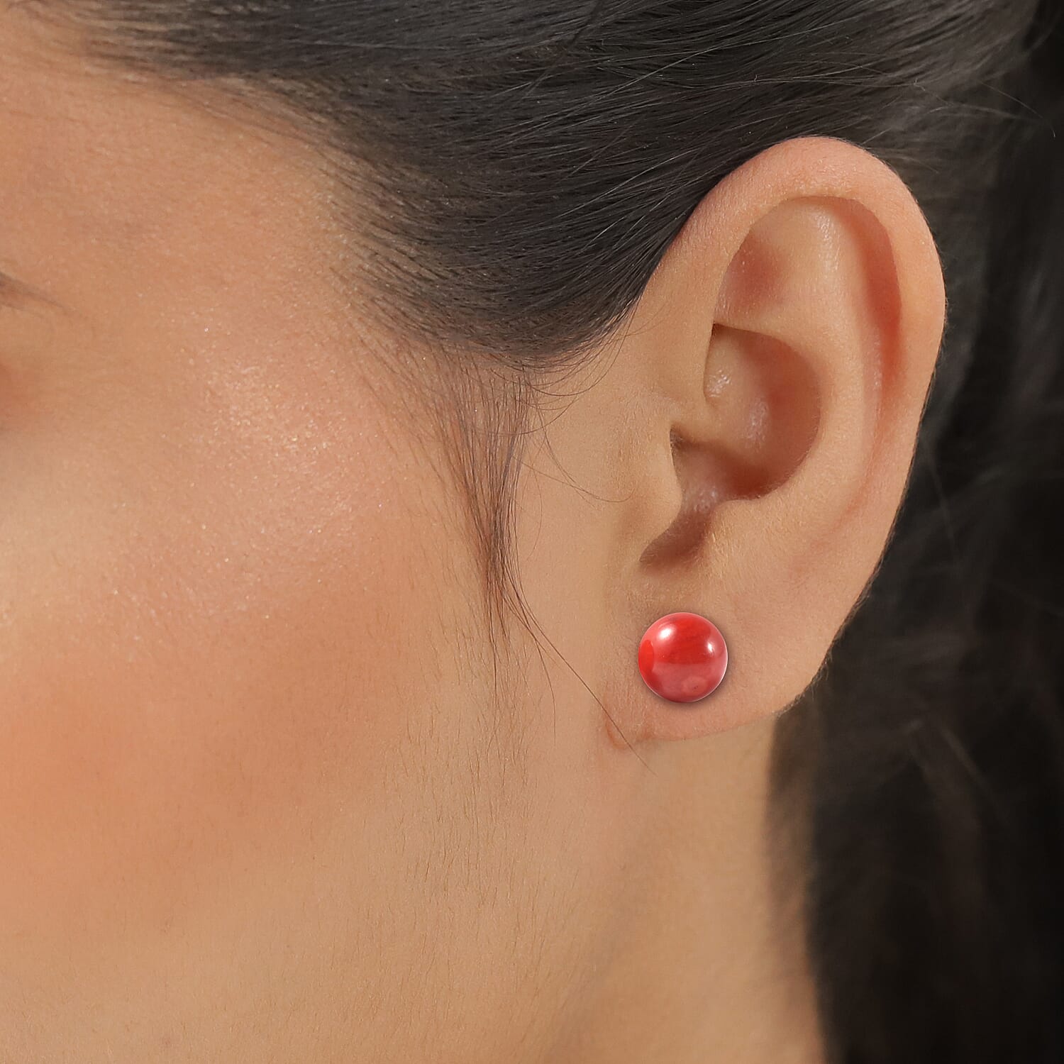 Coral Stud Earrings (with Push Back) in Rhodium Overlay Sterling Silver
