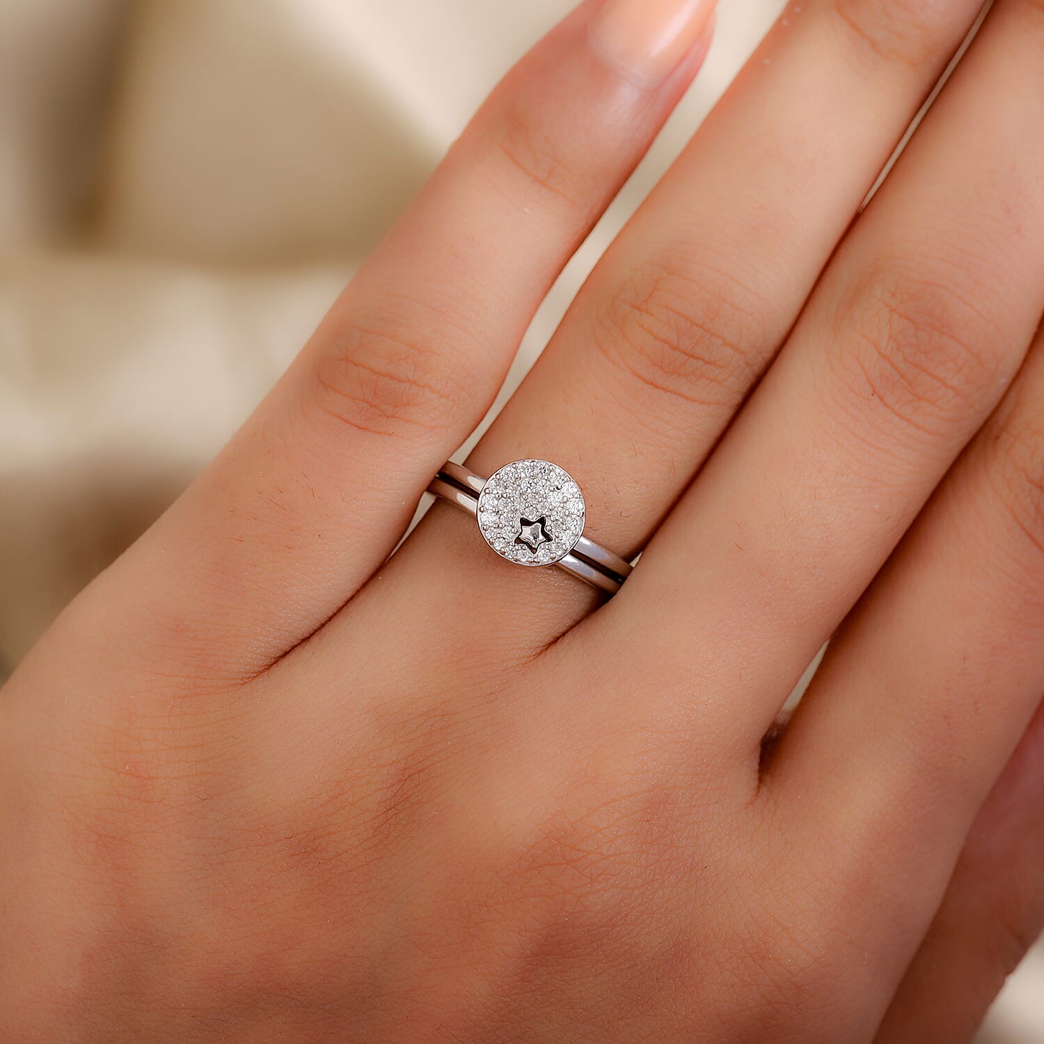 Lustro Stella Platinum Overlay Sterling Silver Stackable Star Cluster Ring Made with Finest CZ