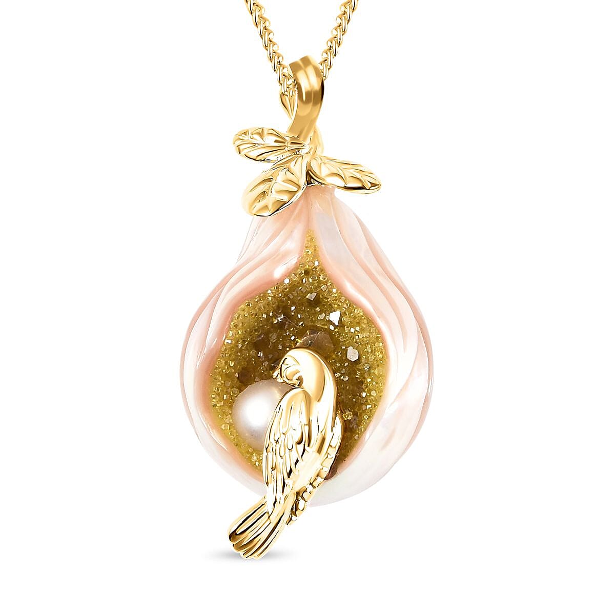 Galatea Pearl - Fresh Water Pearl, Green Drusy Quartz and Multi Gemstones Pendant with Chain in Sterling Silver 18.03 Ct