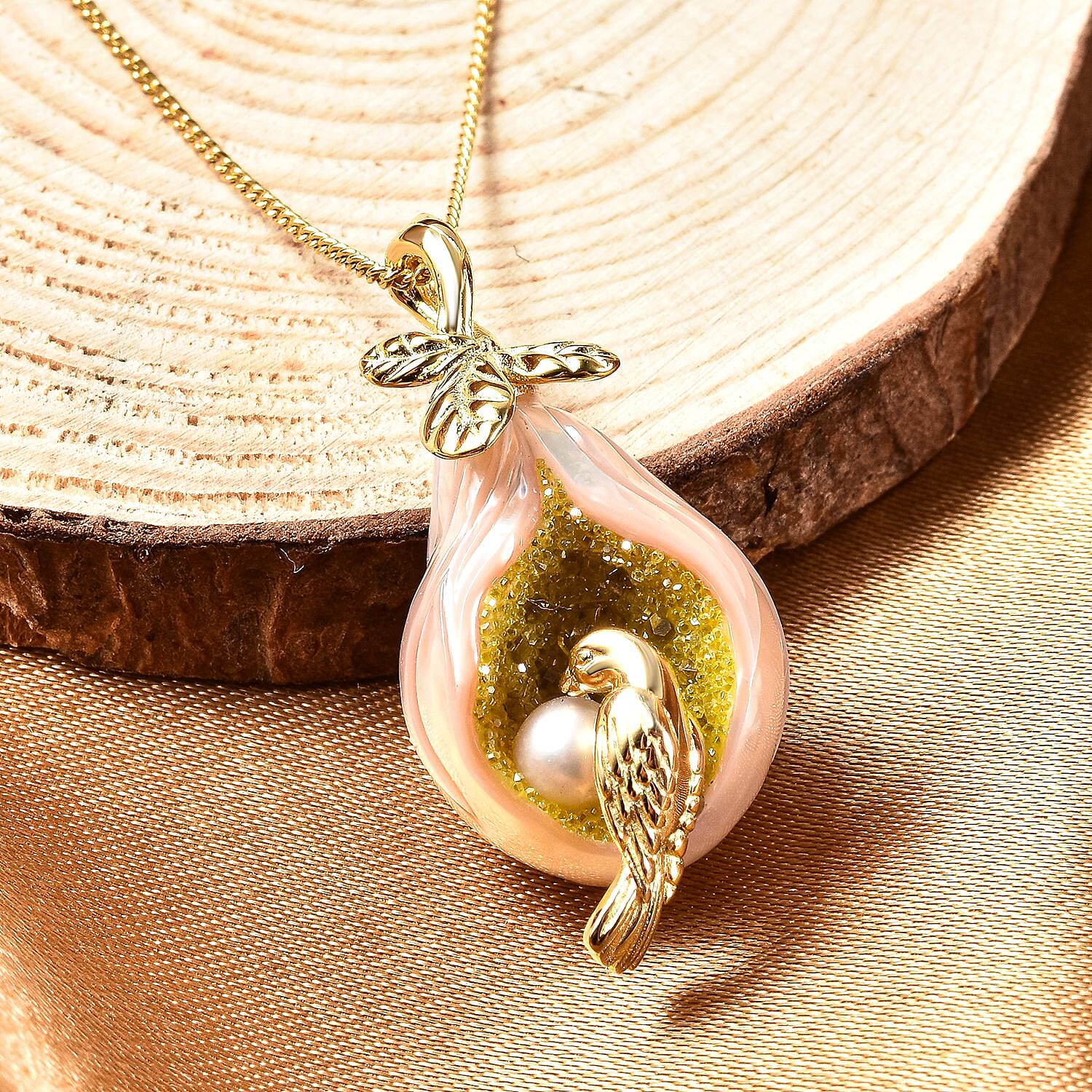 Galatea Pearl - Fresh Water Pearl, Green Drusy Quartz and Multi Gemstones Pendant with Chain in Sterling Silver 18.03 Ct