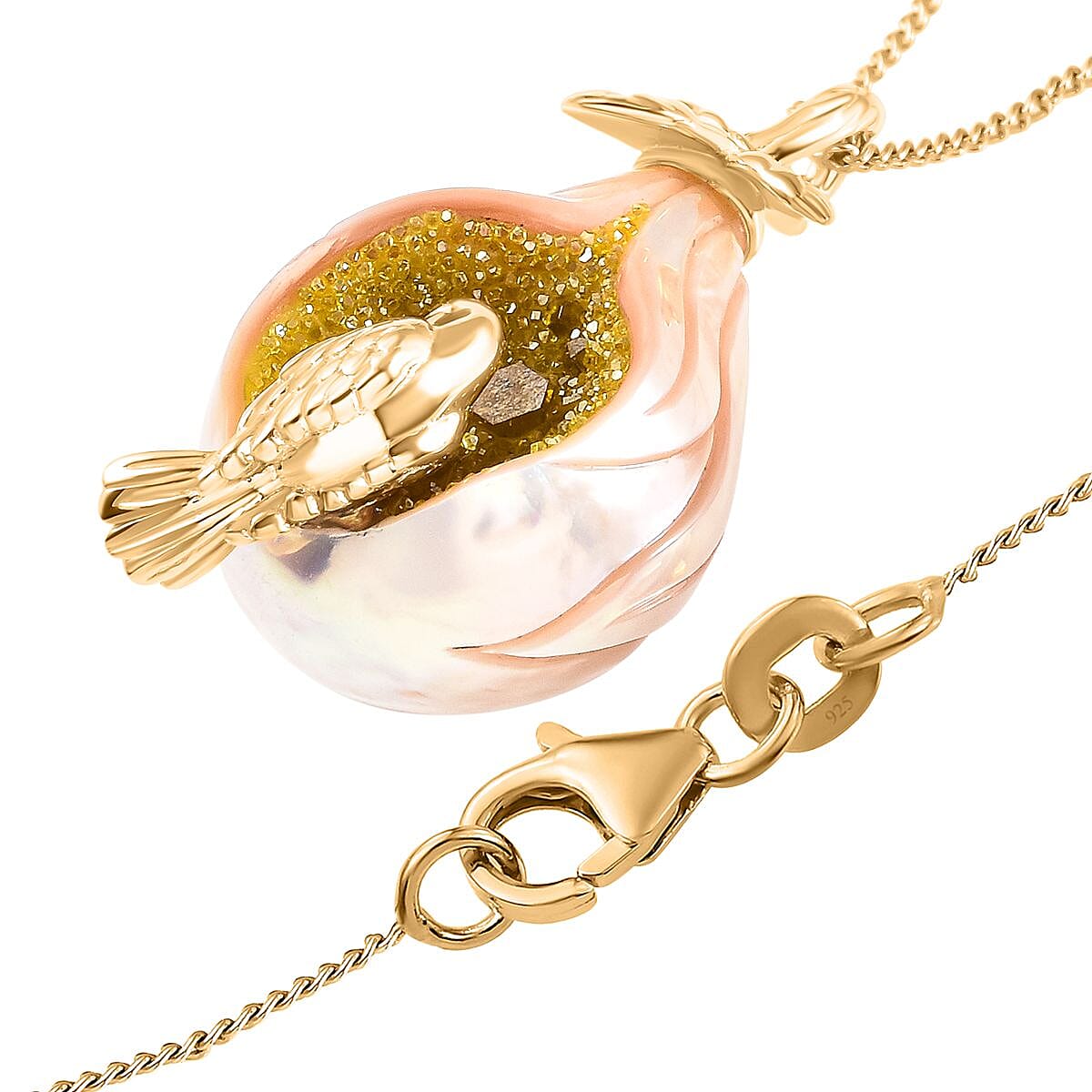 Galatea Pearl - Fresh Water Pearl, Green Drusy Quartz and Multi Gemstones Pendant with Chain in Sterling Silver 18.03 Ct
