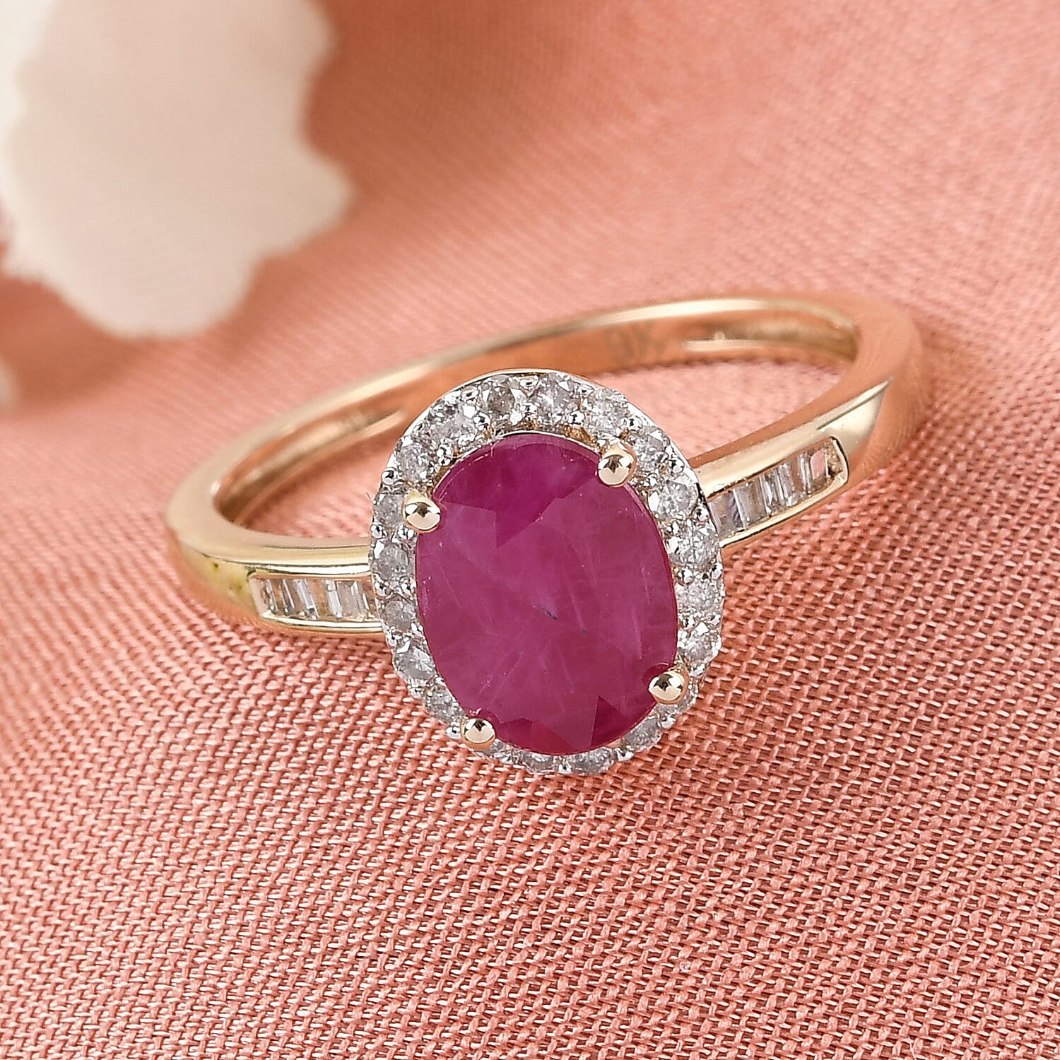 9K Yellow Gold Ruby and Diamond Halo Ring 1.81 Ct.
