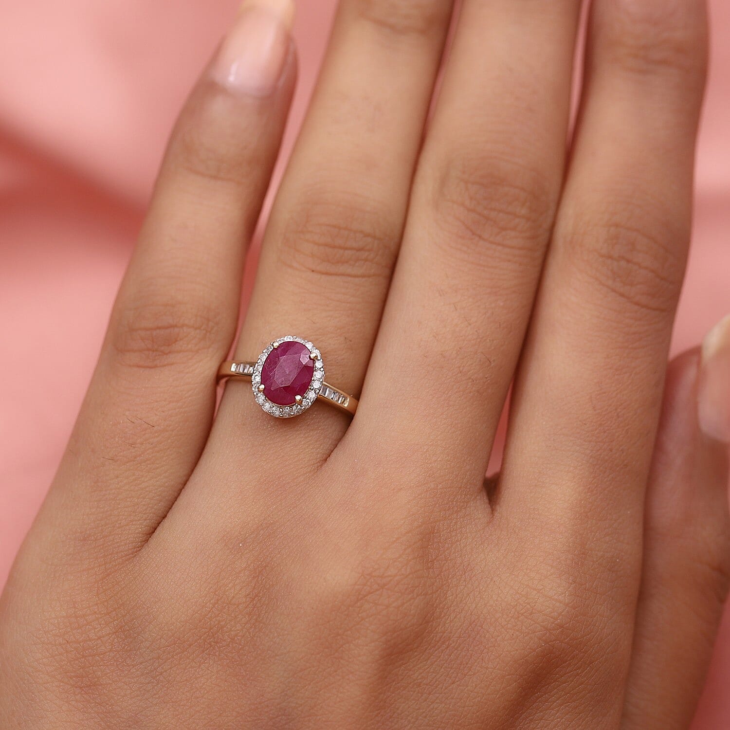 9K Yellow Gold Ruby and Diamond Halo Ring 1.81 Ct.