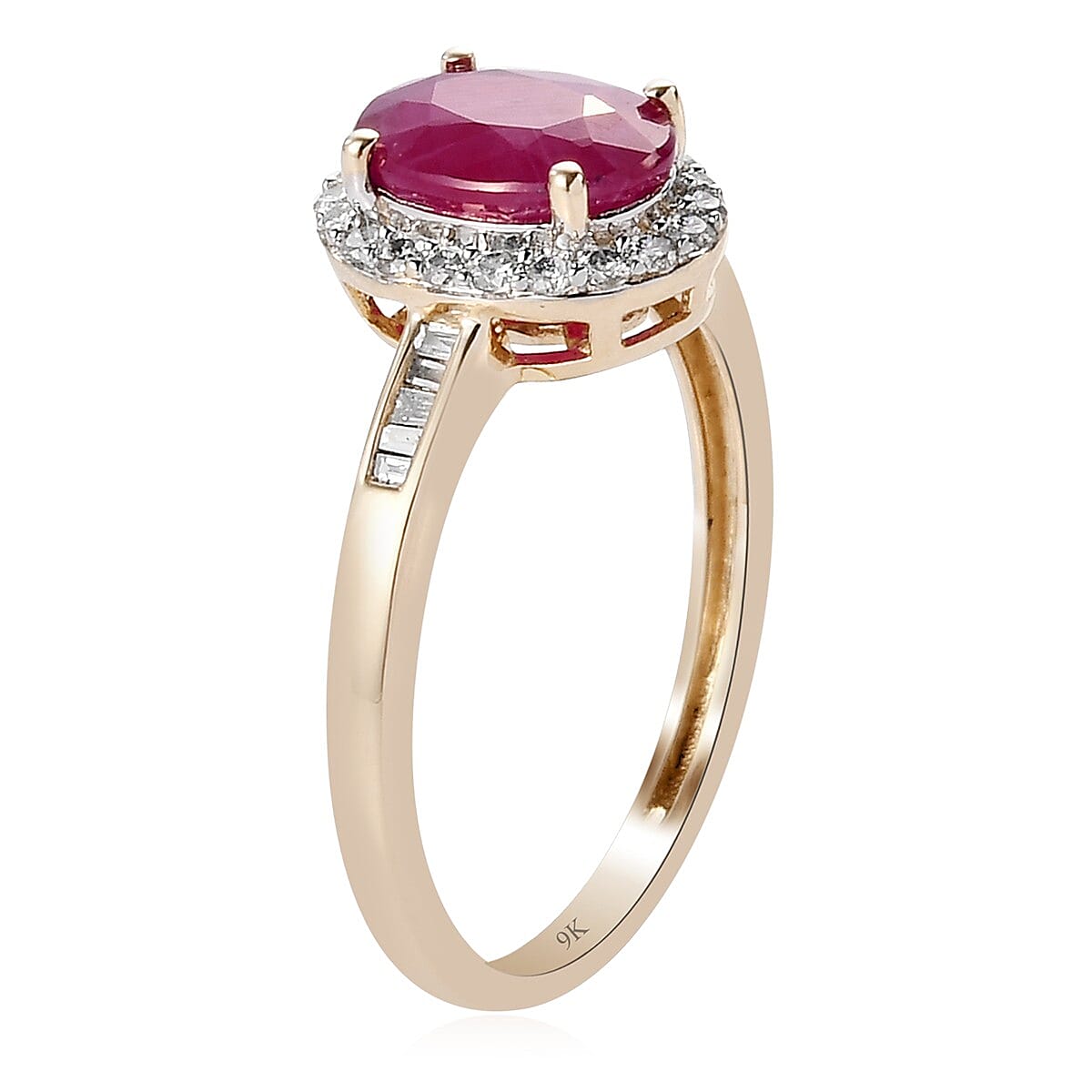 9K Yellow Gold Ruby and Diamond Halo Ring 1.81 Ct.