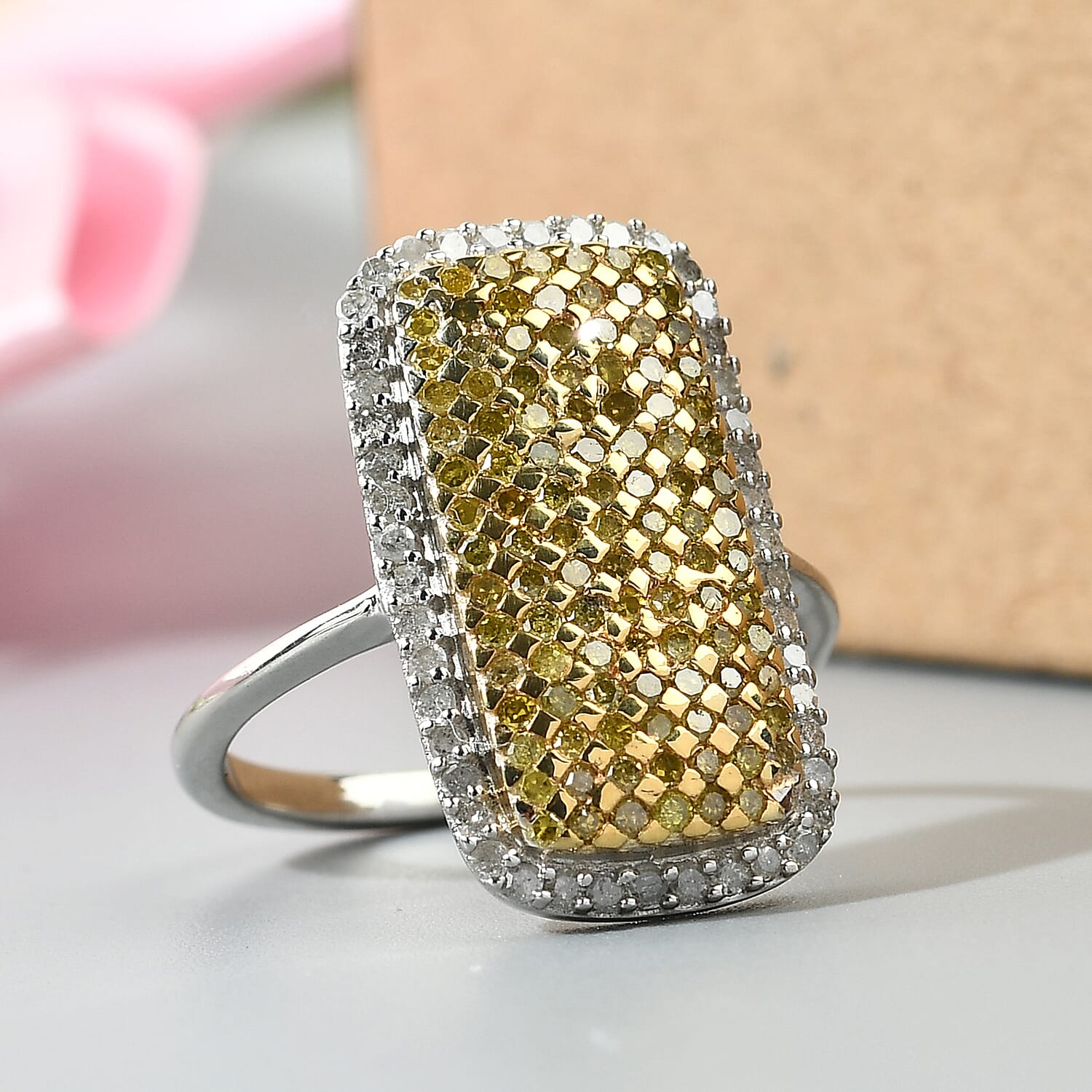 Yellow Diamond & White Diamond Cluster Ring in Platinum Overlay Sterling Silver 1.00 Ct.