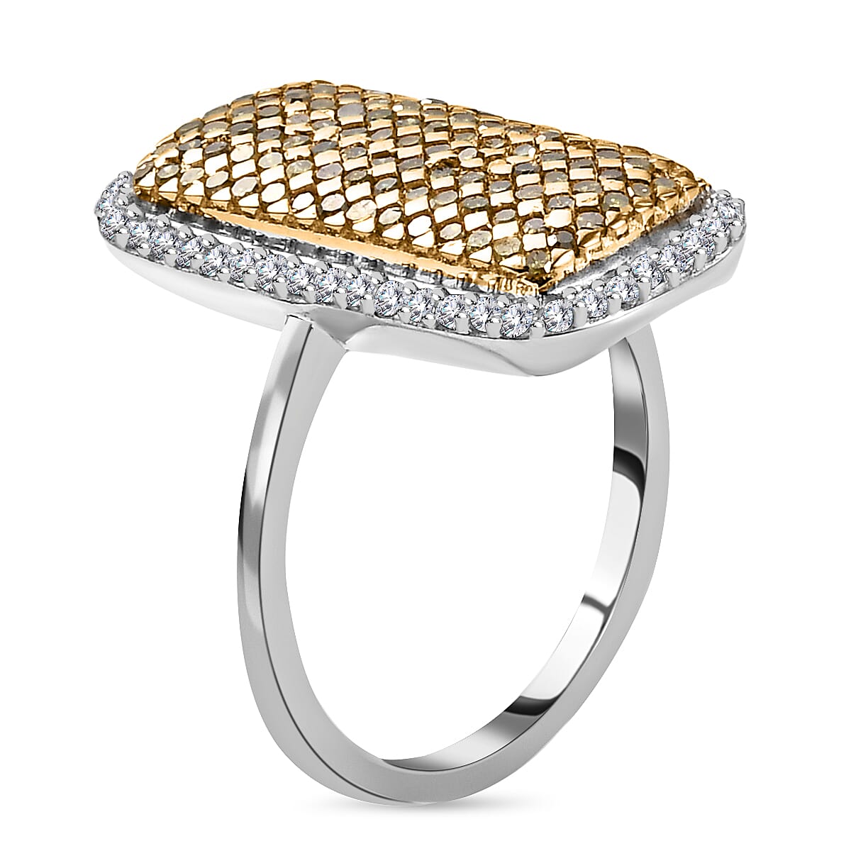 Yellow Diamond & White Diamond Cluster Ring in Platinum Overlay Sterling Silver 1.00 Ct.