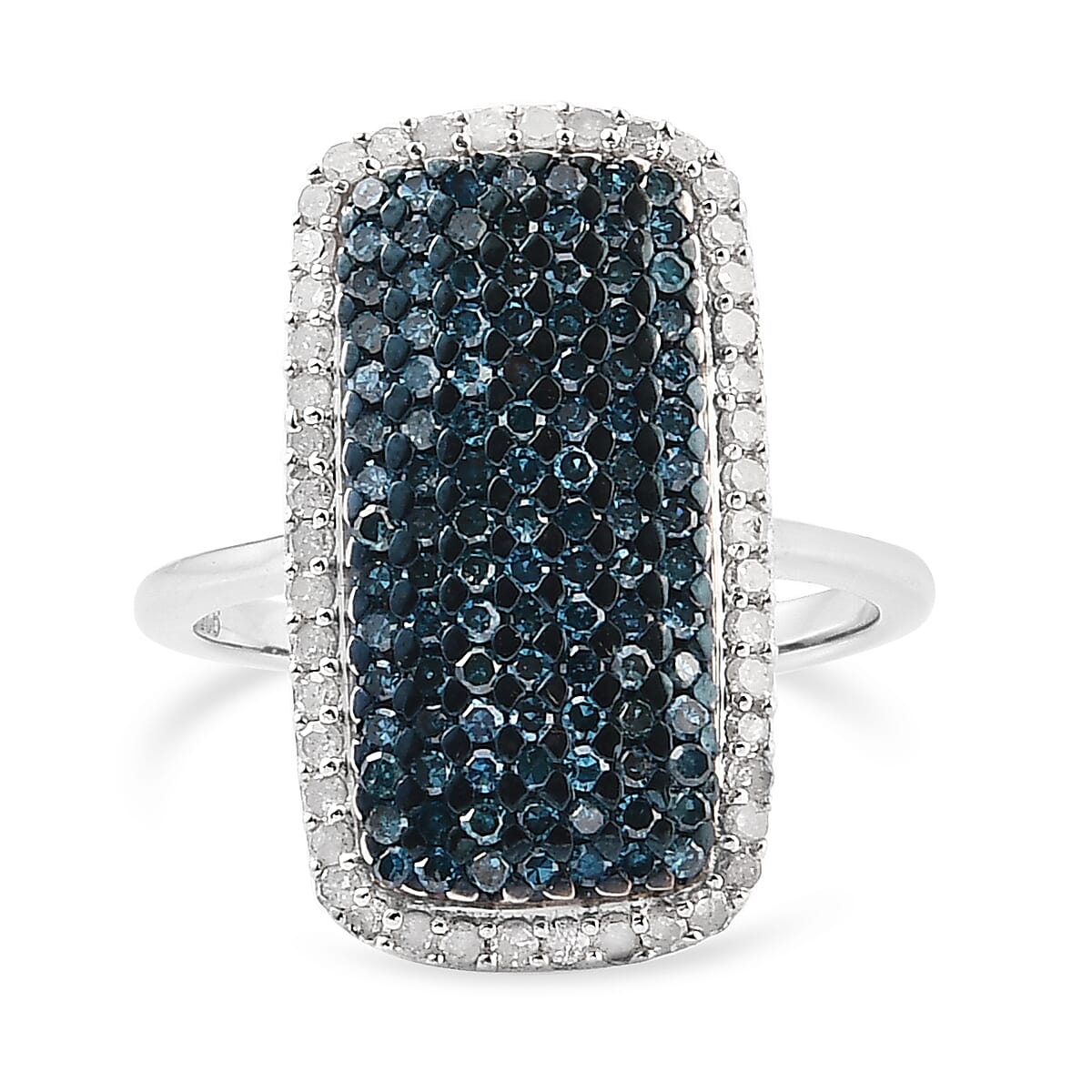 Blue Diamond & White Diamond Cluster Ring in Platinum Overlay Sterling Silver 1.01 Ct.