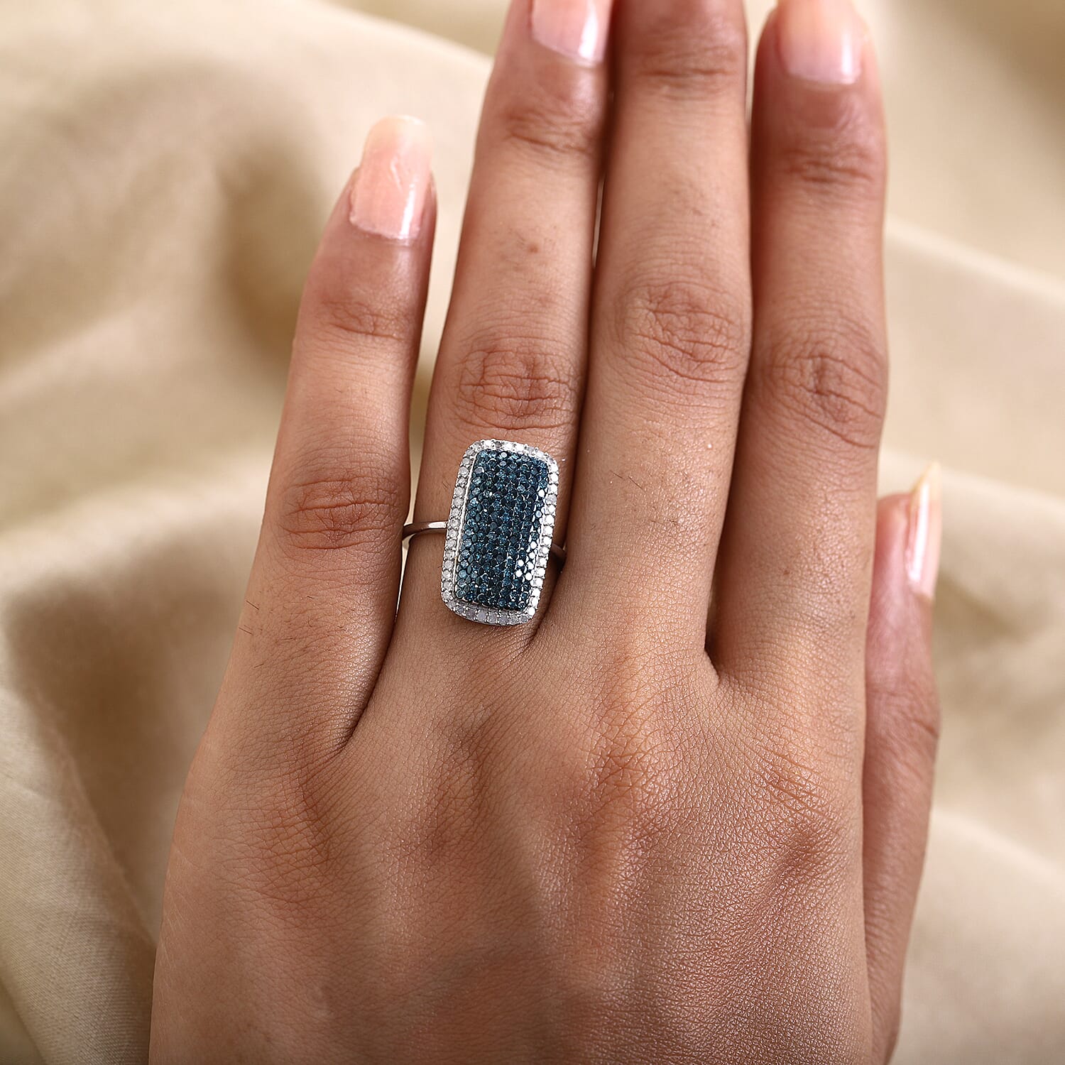 Blue Diamond & White Diamond Cluster Ring in Platinum Overlay Sterling Silver 1.01 Ct.