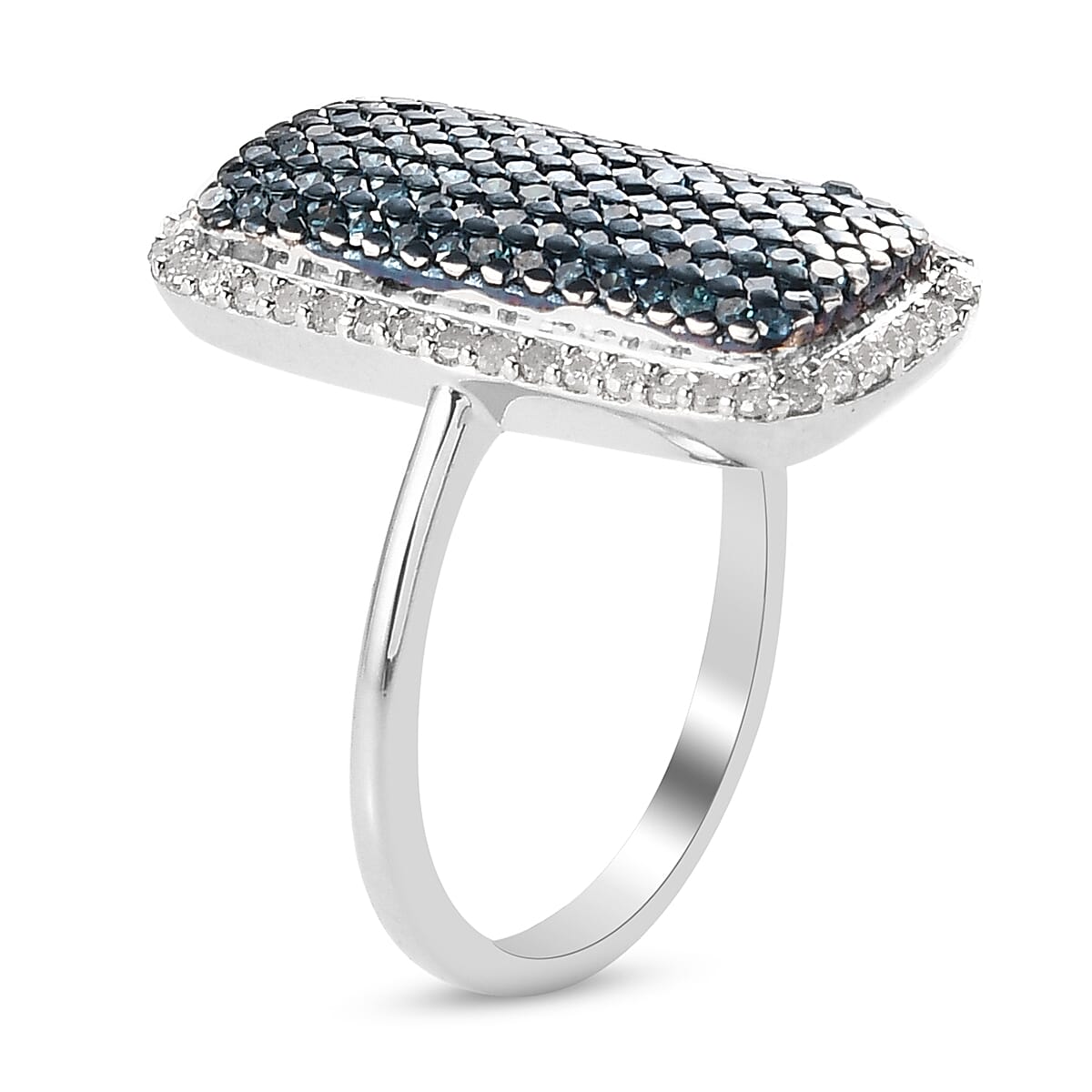 Blue Diamond & White Diamond Cluster Ring in Platinum Overlay Sterling Silver 1.01 Ct.