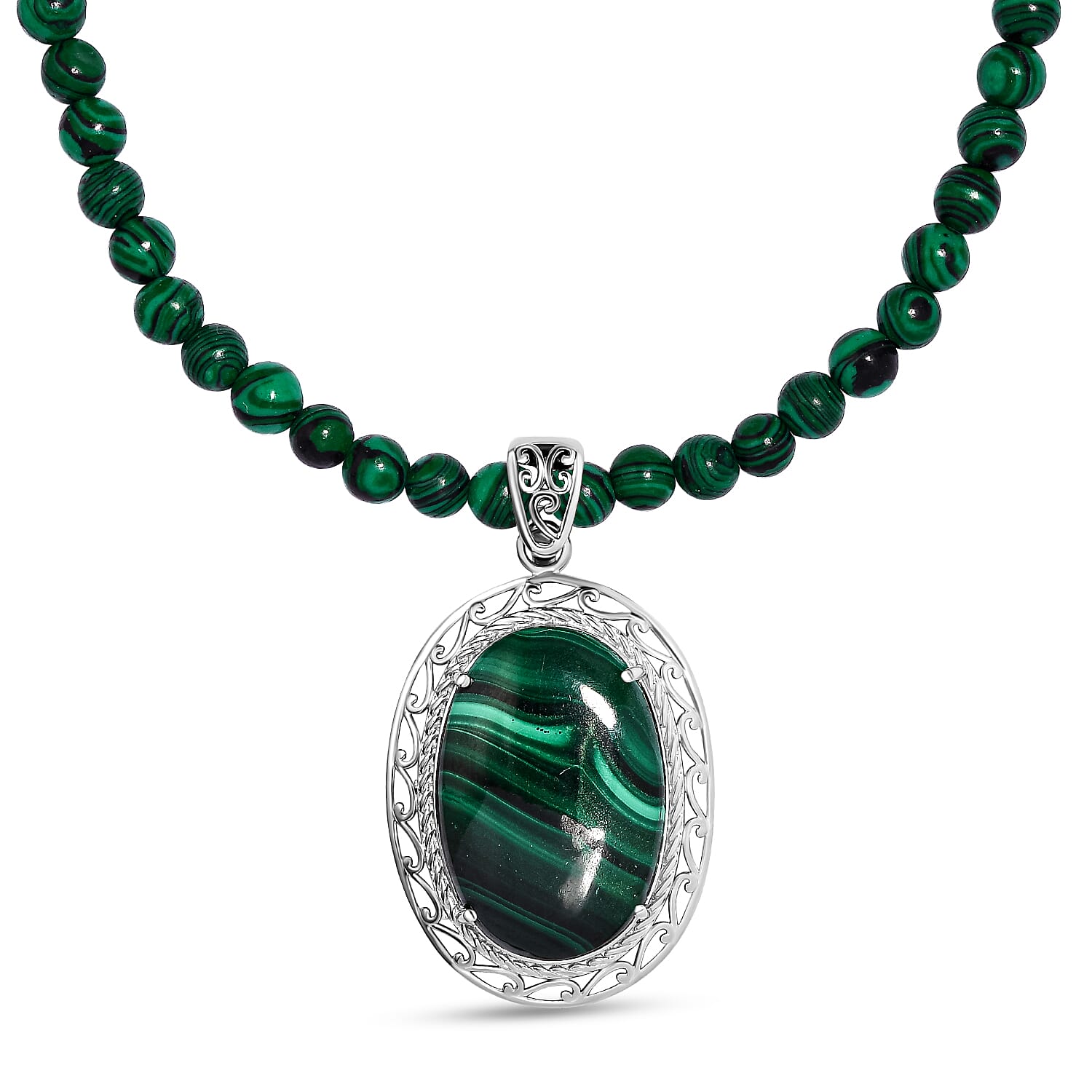Malachite Beads Necklace (Size - 20) in Silver Tone