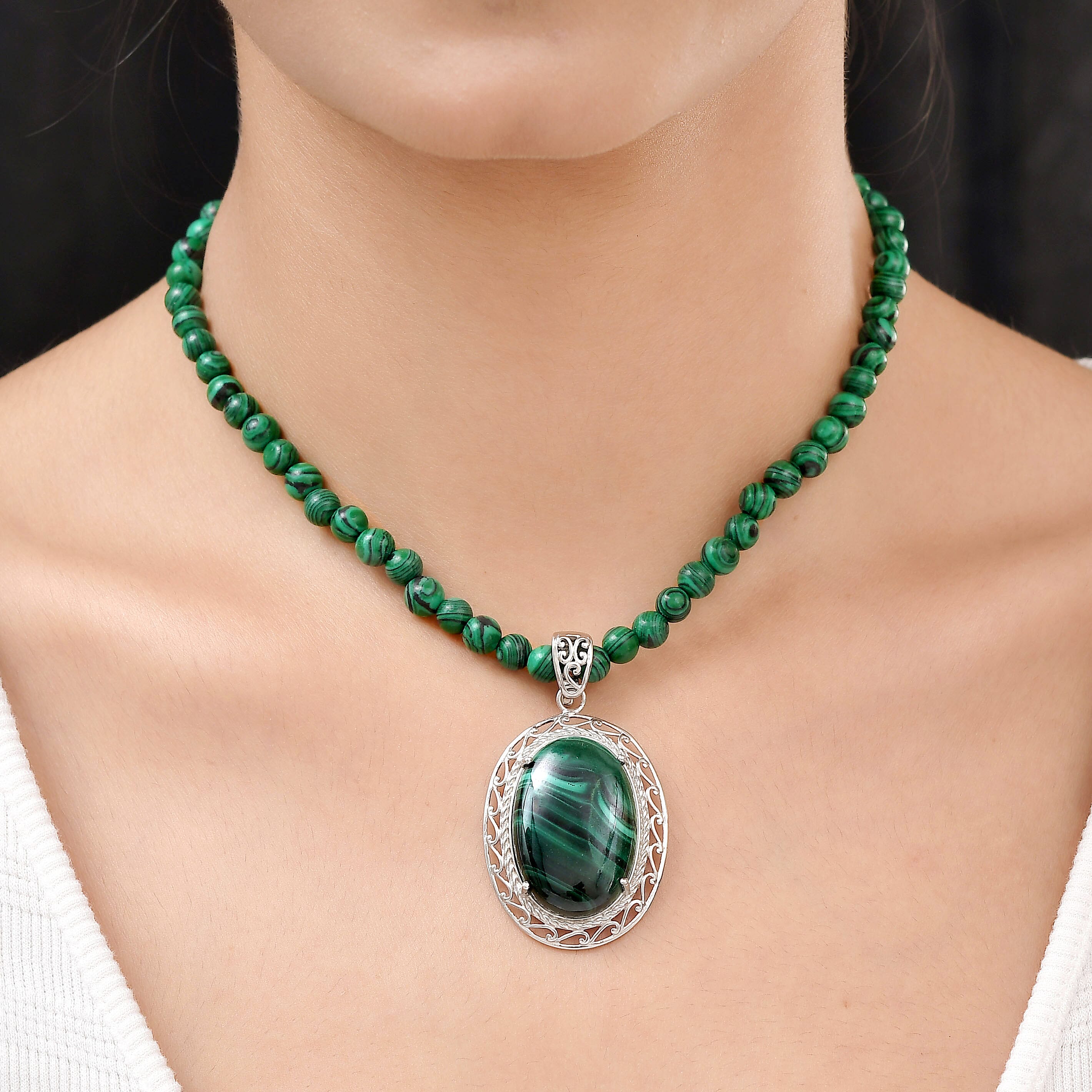 Malachite Beads Necklace (Size - 20) in Silver Tone