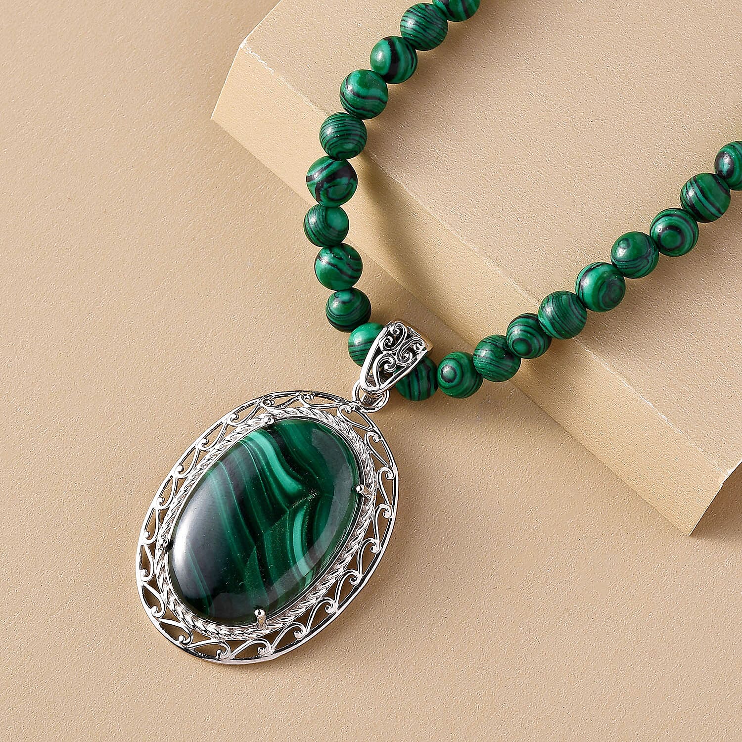 Malachite Beads Necklace (Size - 20) in Silver Tone