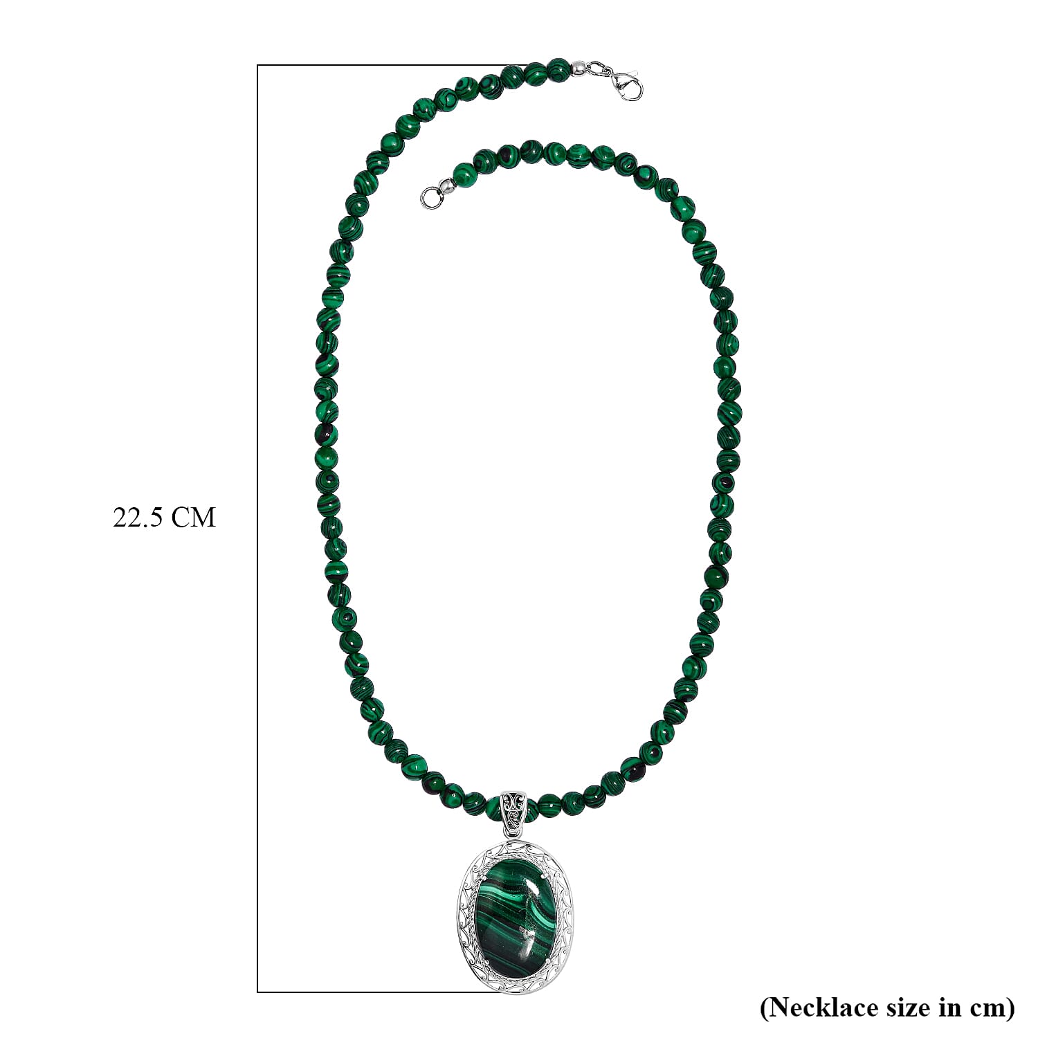 Malachite Beads Necklace (Size - 20) in Silver Tone