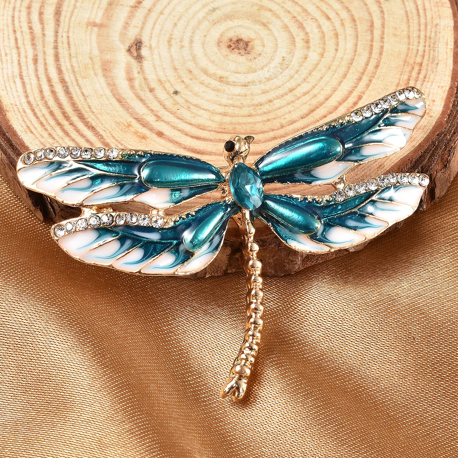 Simulated Aquamarine, White and Black Austrian Crystal Enamelled Dragonfly Brooch in Yellow Gold Tone