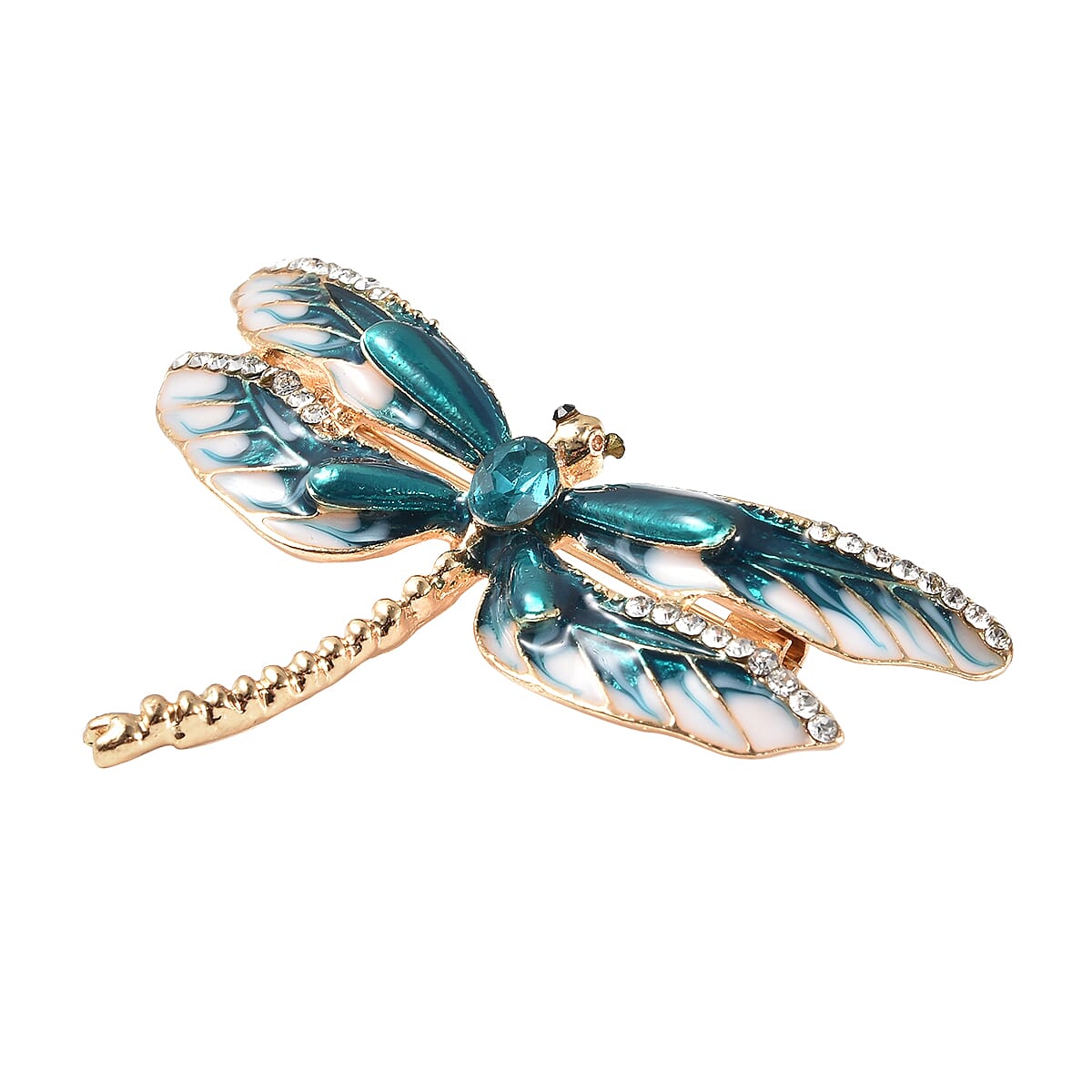 Simulated Aquamarine, White and Black Austrian Crystal Enamelled Dragonfly Brooch in Yellow Gold Tone