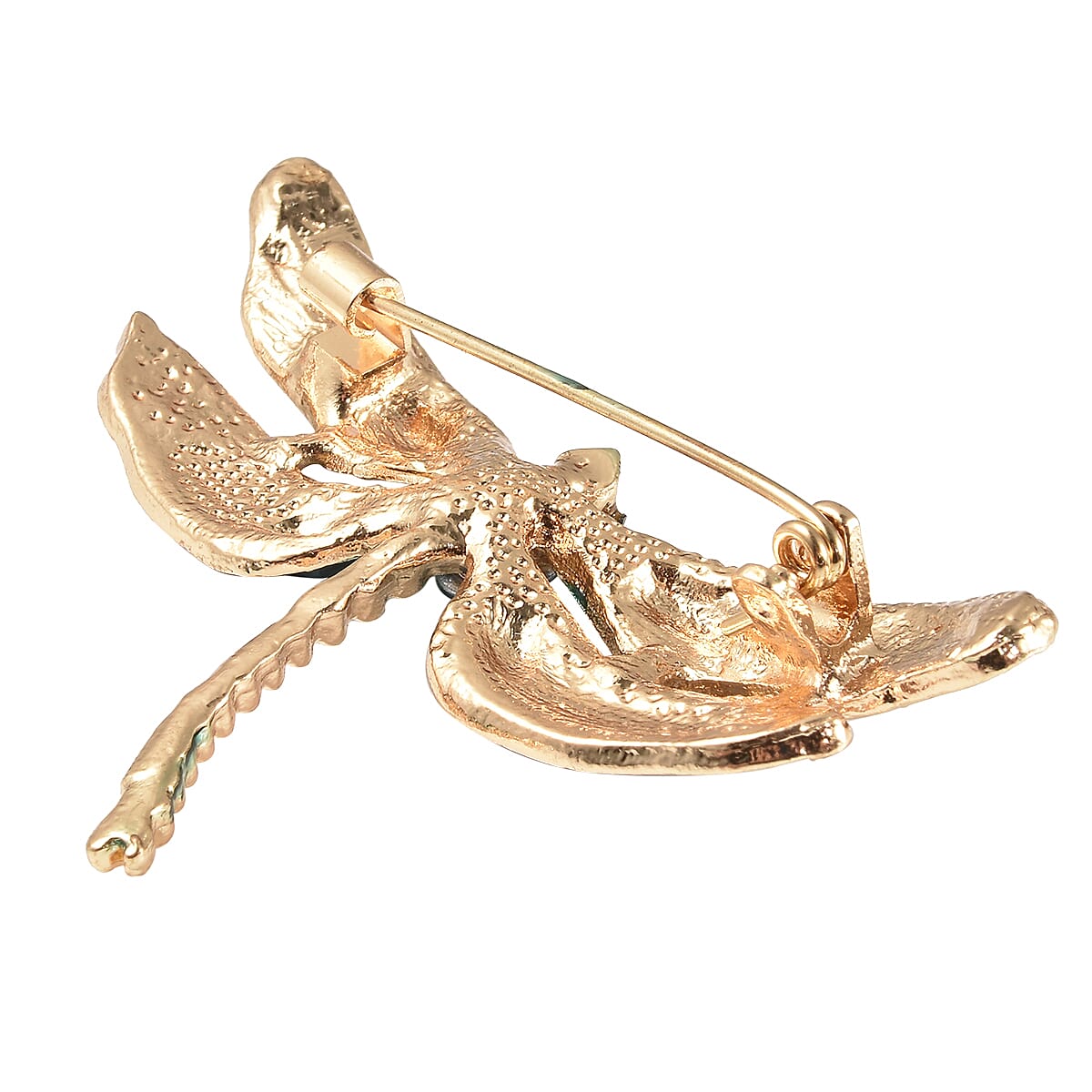 Simulated Aquamarine, White and Black Austrian Crystal Enamelled Dragonfly Brooch in Yellow Gold Tone