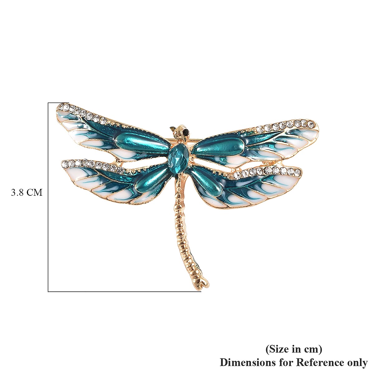 Simulated Aquamarine, White and Black Austrian Crystal Enamelled Dragonfly Brooch in Yellow Gold Tone