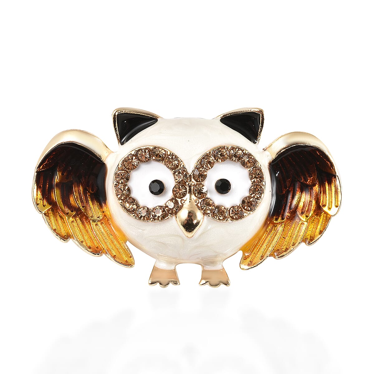 Black and Champagne Austrian Crystal Enamelled  Owl Brooch Cum Pendant in Yellow Gold Tone