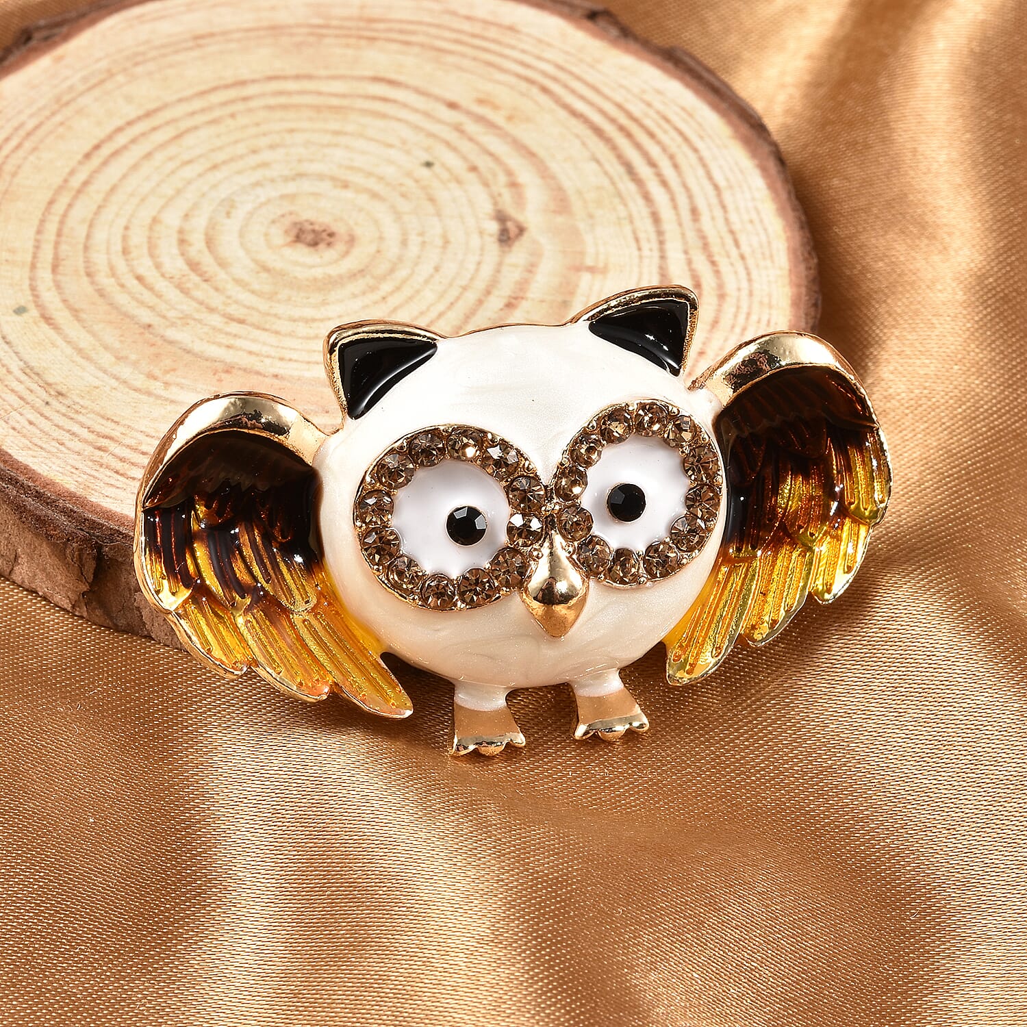 Black and Champagne Austrian Crystal Enamelled  Owl Brooch Cum Pendant in Yellow Gold Tone