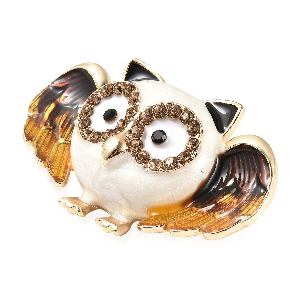 Black and Champagne Austrian Crystal Enamelled  Owl Brooch Cum Pendant in Yellow Gold Tone