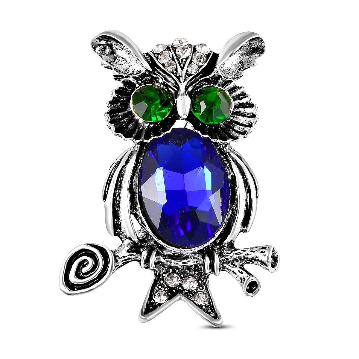 Simulated Blue Topaz, White & Green Austrian Crystal Enamelled Owl Couple Brooch in Silver Tone