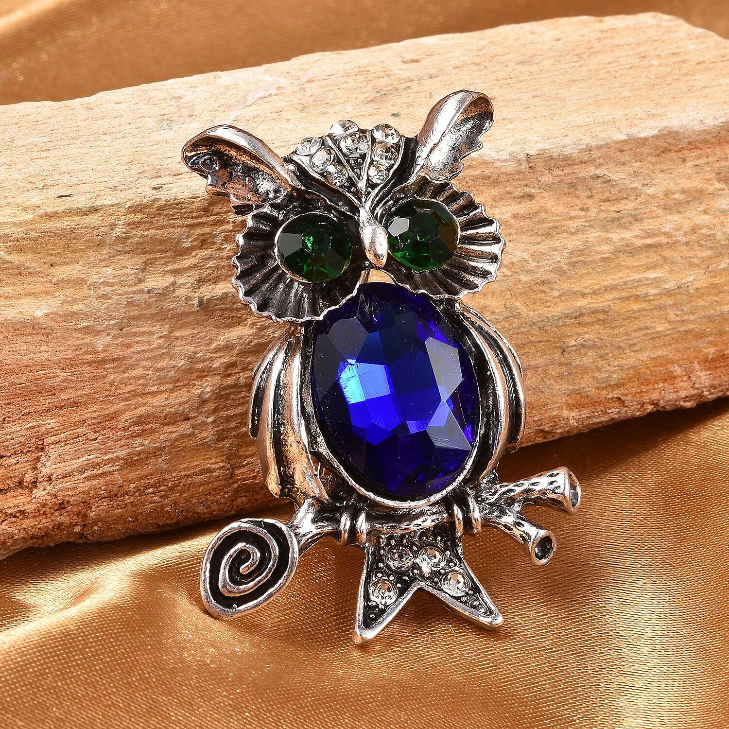 Simulated Blue Topaz, White & Green Austrian Crystal Enamelled Owl Couple Brooch in Silver Tone