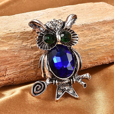 Simulated Blue Topaz, White & Green Austrian Crystal Enamelled Owl Couple Brooch in Silver Tone