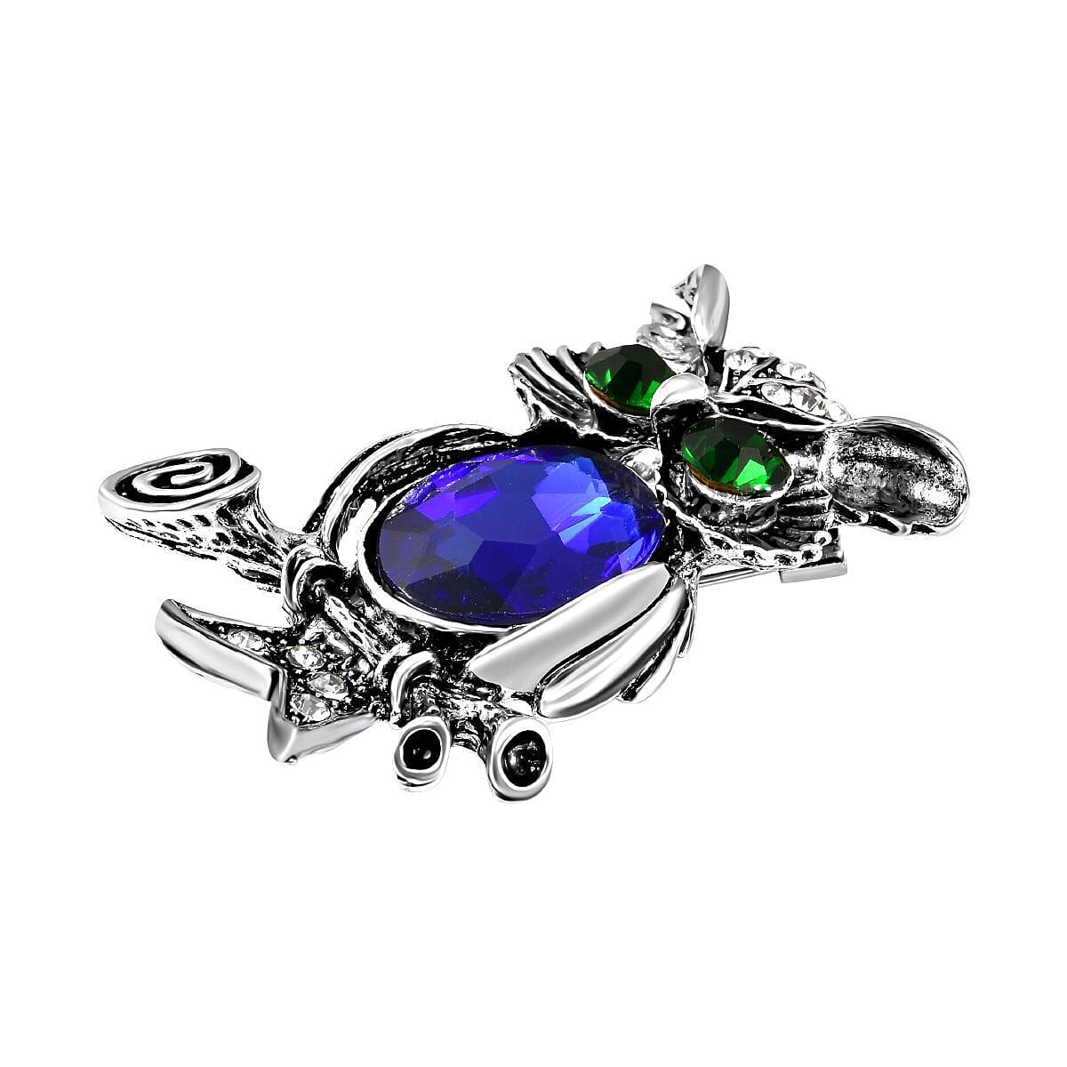 Simulated Blue Topaz, White & Green Austrian Crystal Enamelled Owl Couple Brooch in Silver Tone
