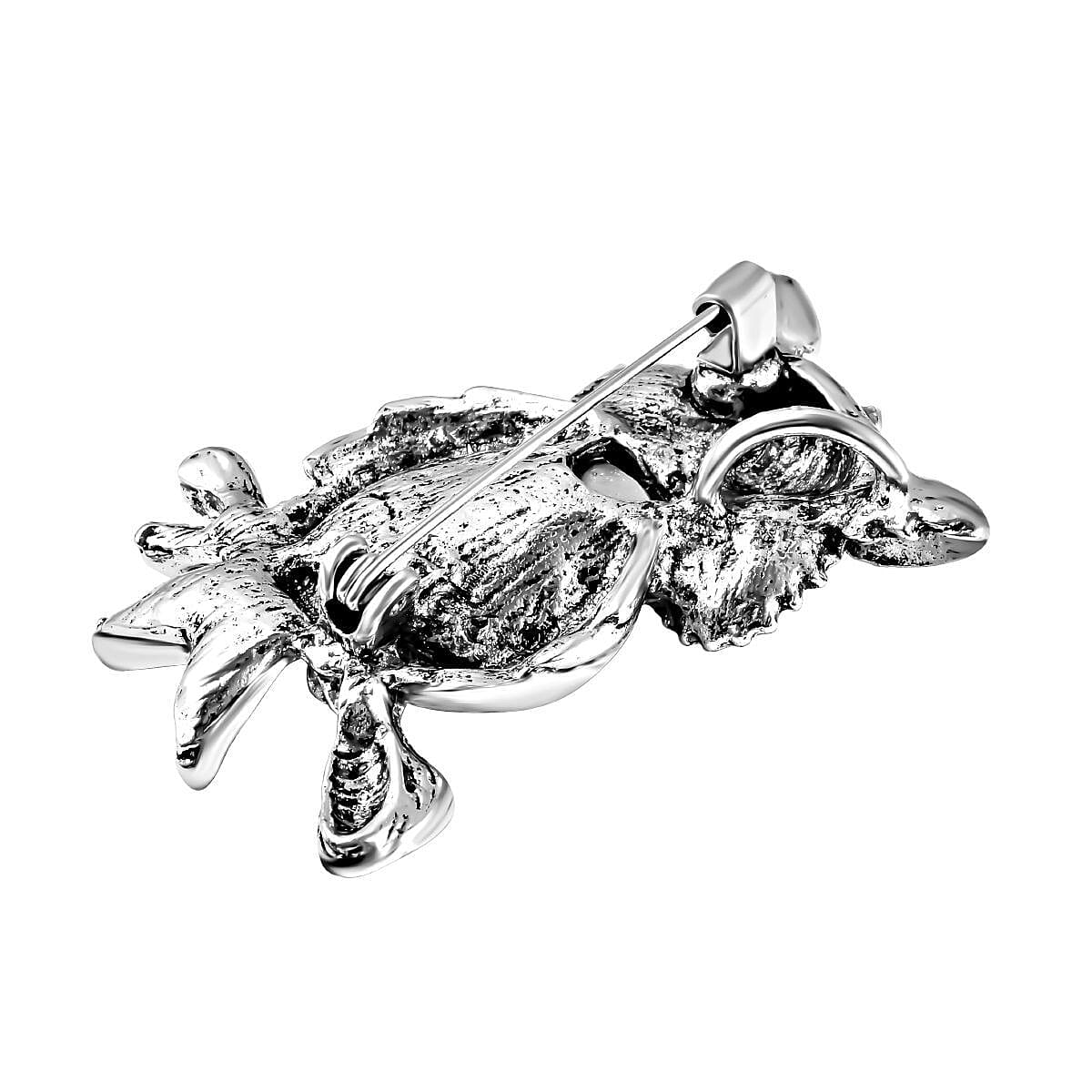 Simulated Blue Topaz, White & Green Austrian Crystal Enamelled Owl Couple Brooch in Silver Tone